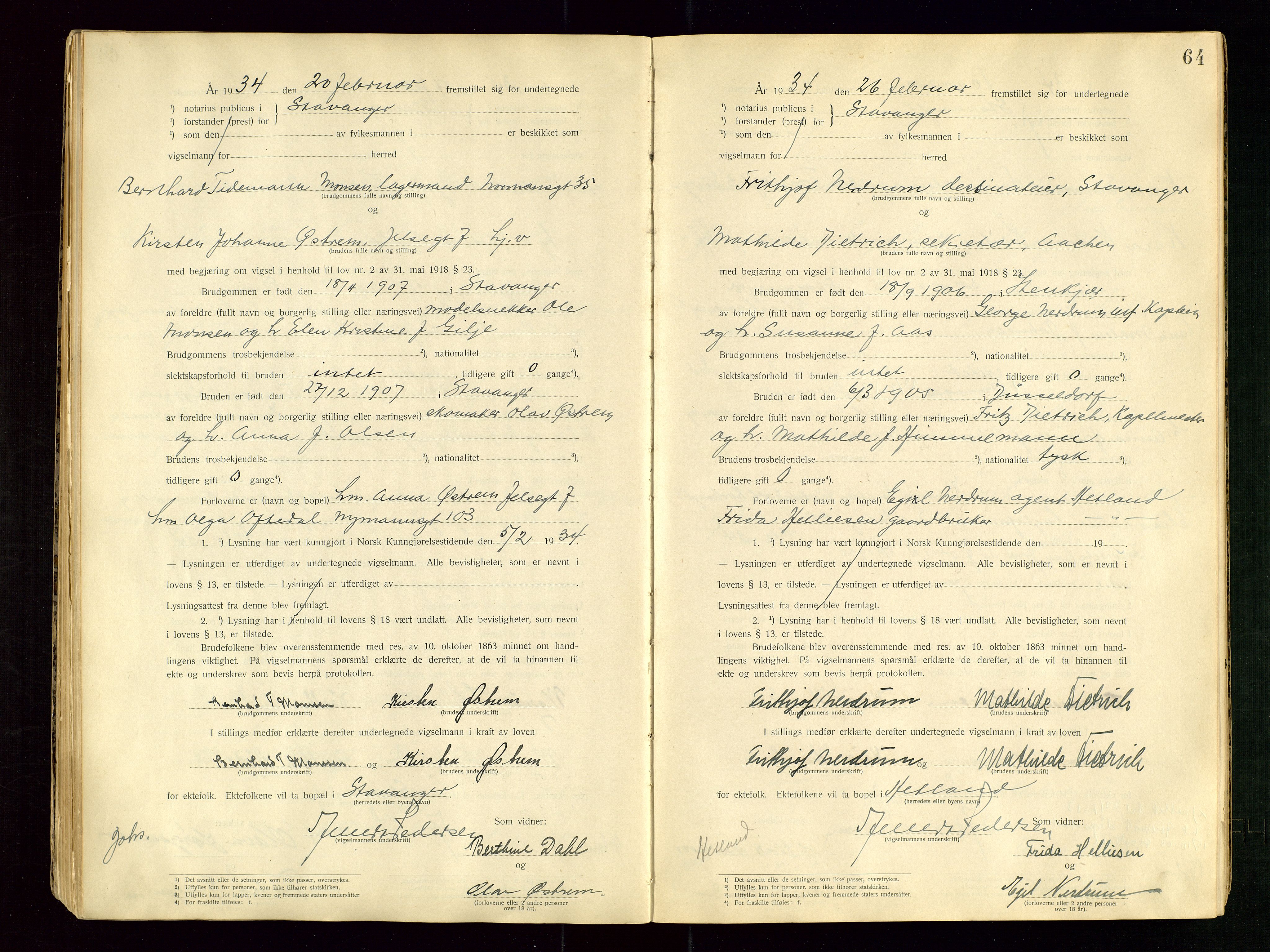 Stavanger byrett, AV/SAST-A-100455/001/6/62/62B/L0001: Vigselsprotokoll, 1931-1935, p. 64