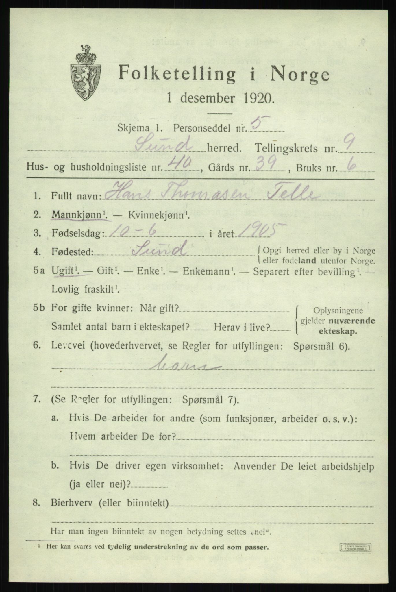 SAB, 1920 census for Sund, 1920, p. 5803