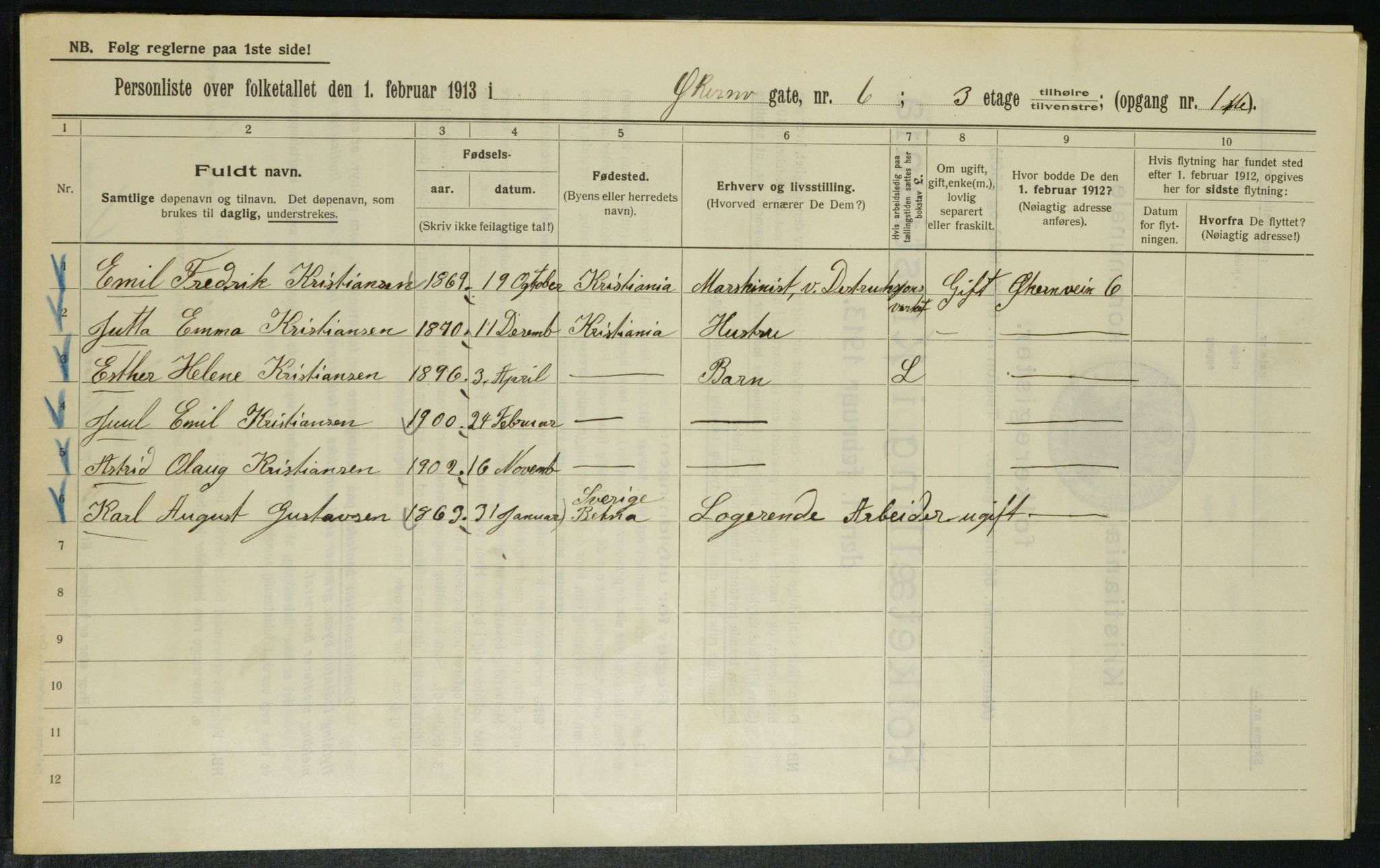 OBA, Municipal Census 1913 for Kristiania, 1913, p. 128687