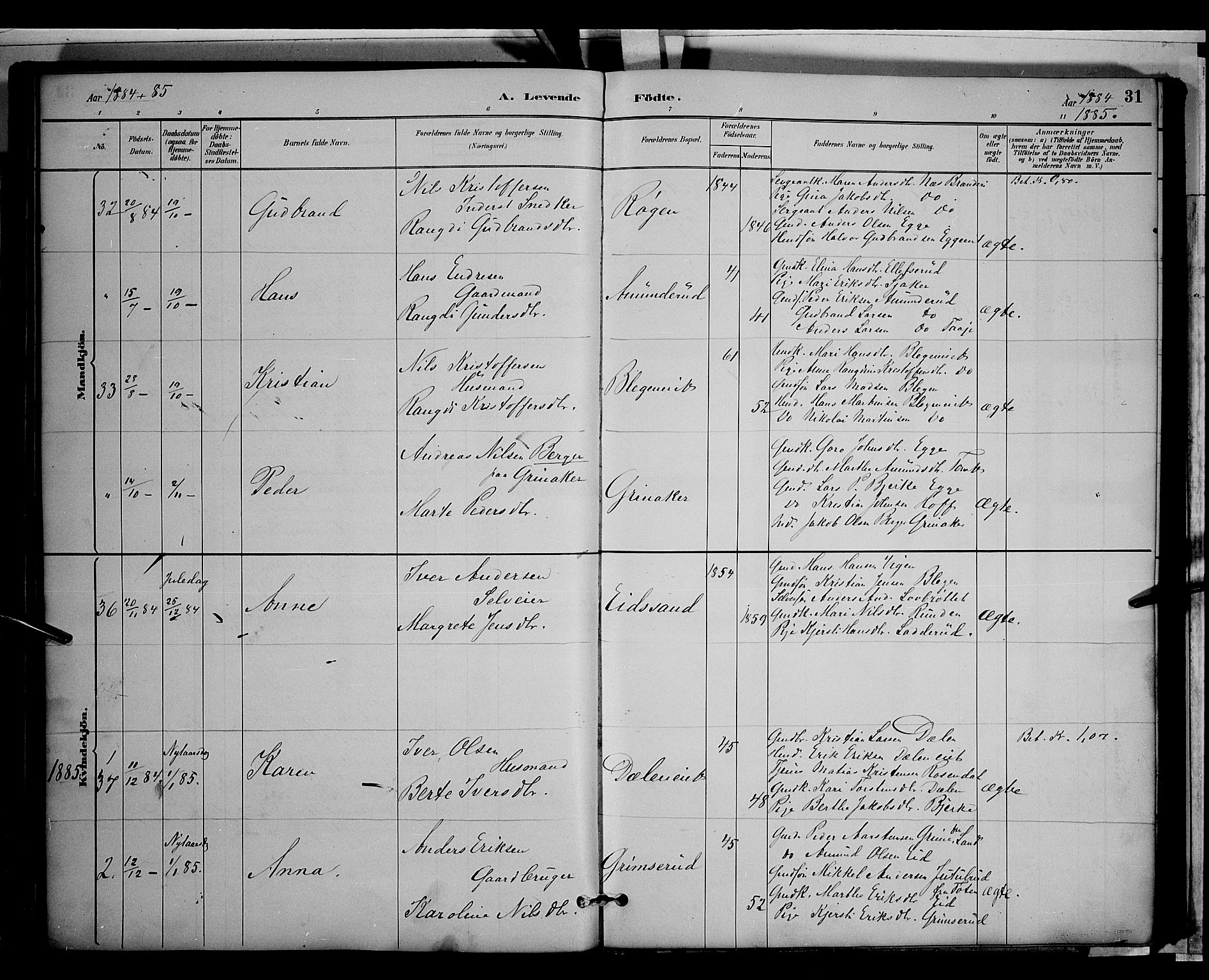 Gran prestekontor, SAH/PREST-112/H/Ha/Hab/L0003: Parish register (copy) no. 3, 1882-1890, p. 31