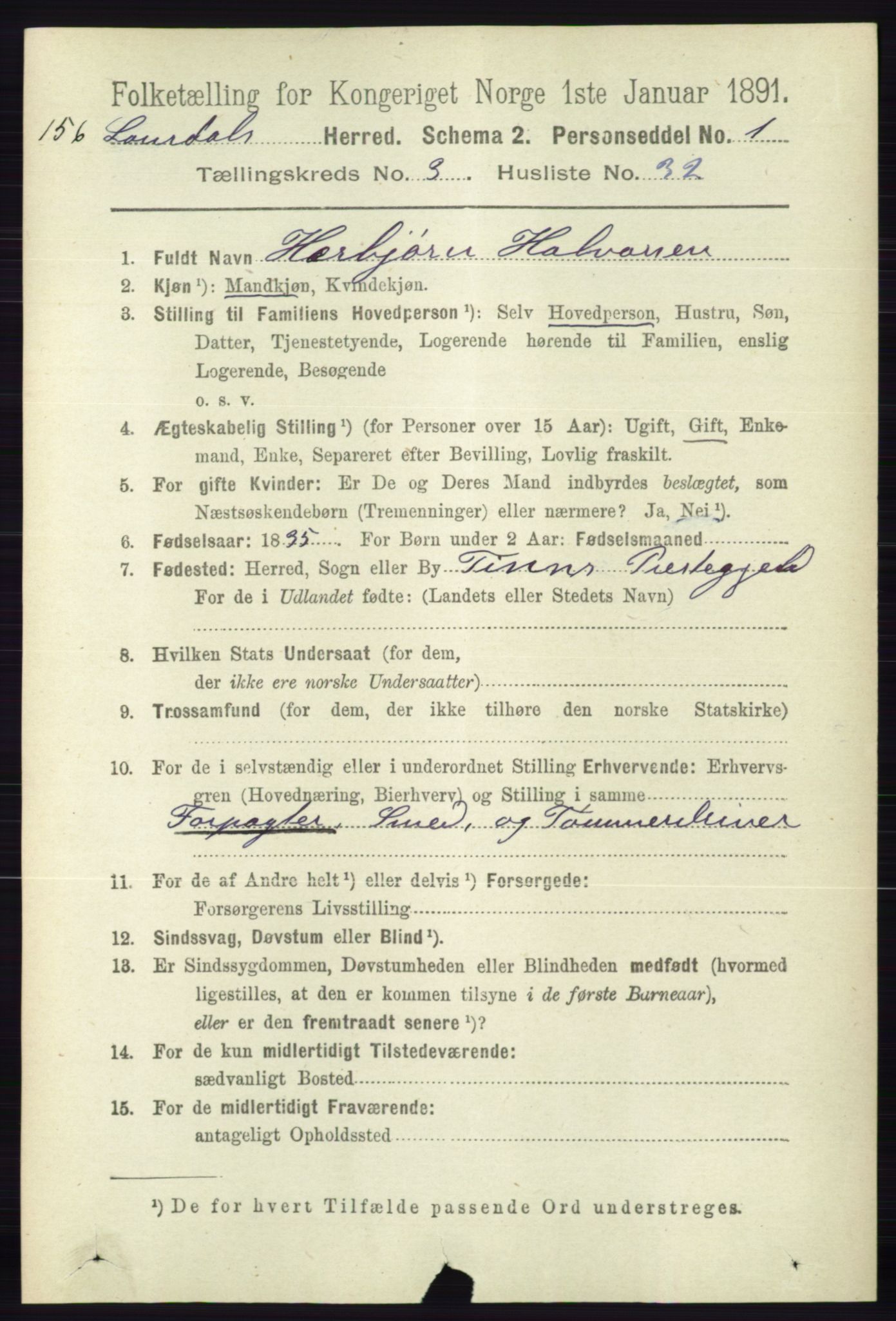 RA, 1891 census for 0833 Lårdal, 1891, p. 991