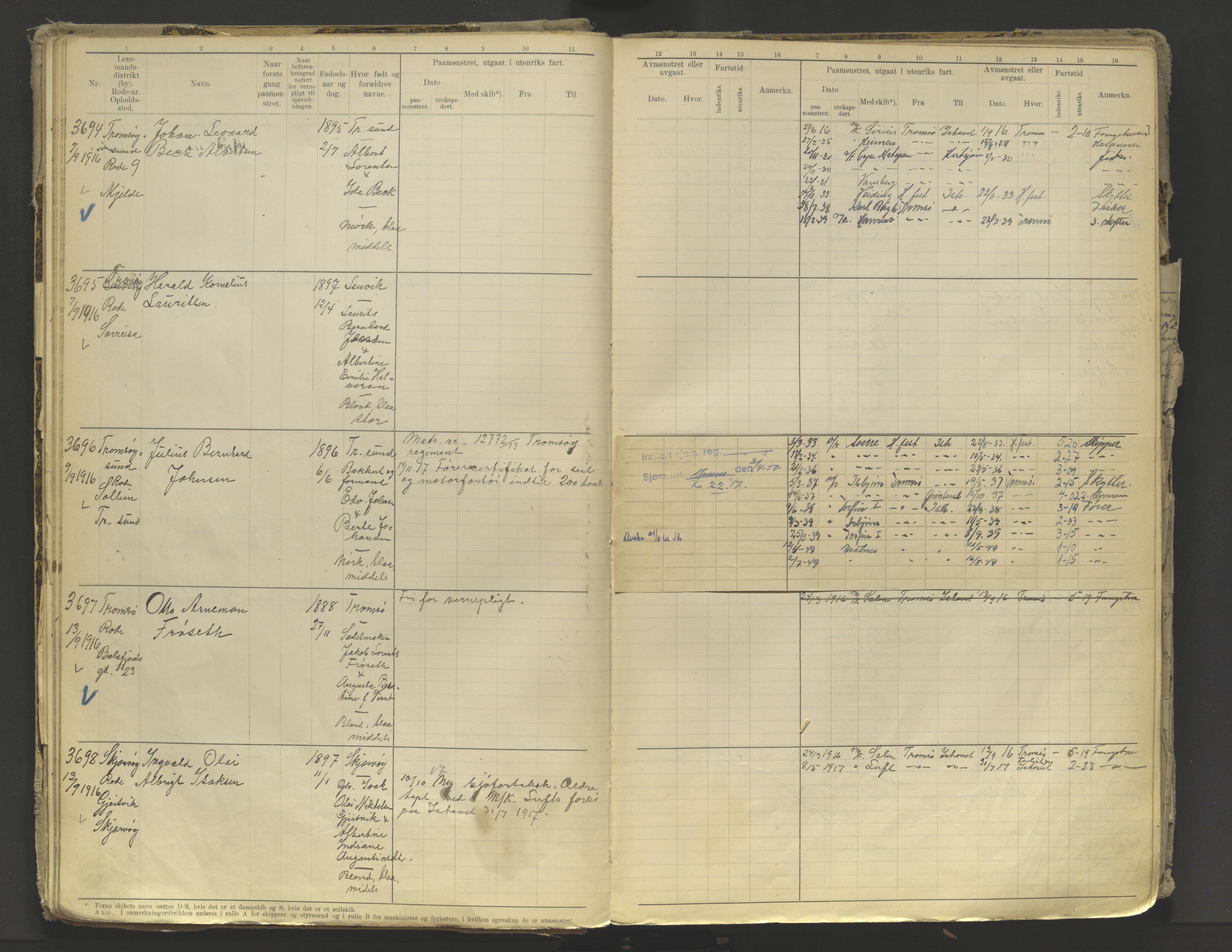 Tromsø sjømannskontor/innrullerings-/mønstringsdistrikt, AV/SATØ-S-0243/F/Fb/L0010: Annotasjonsrulle. Defekt: løs innbinding. Nr. 3519-4972, 1916-1920