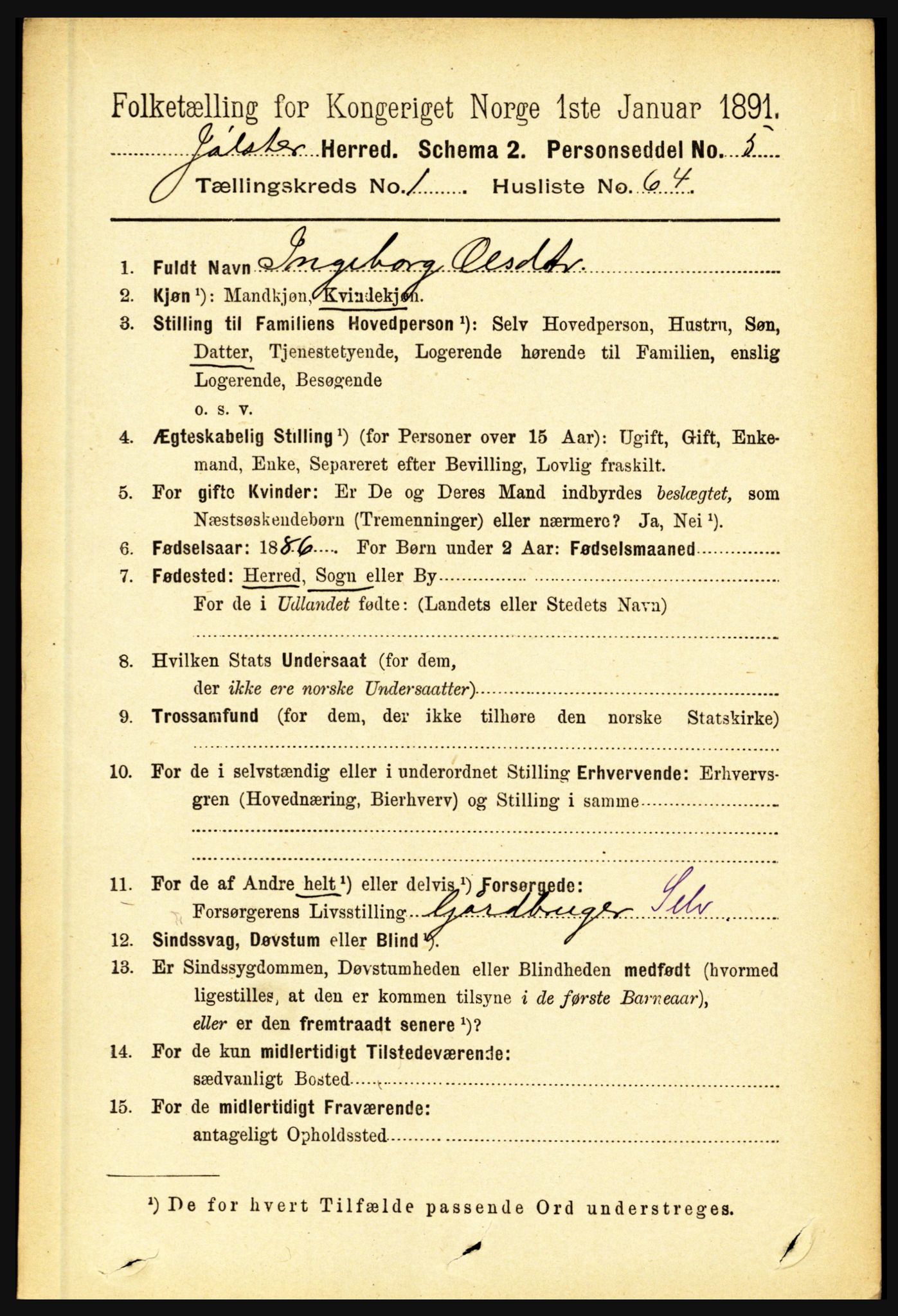 RA, 1891 census for 1431 Jølster, 1891, p. 509