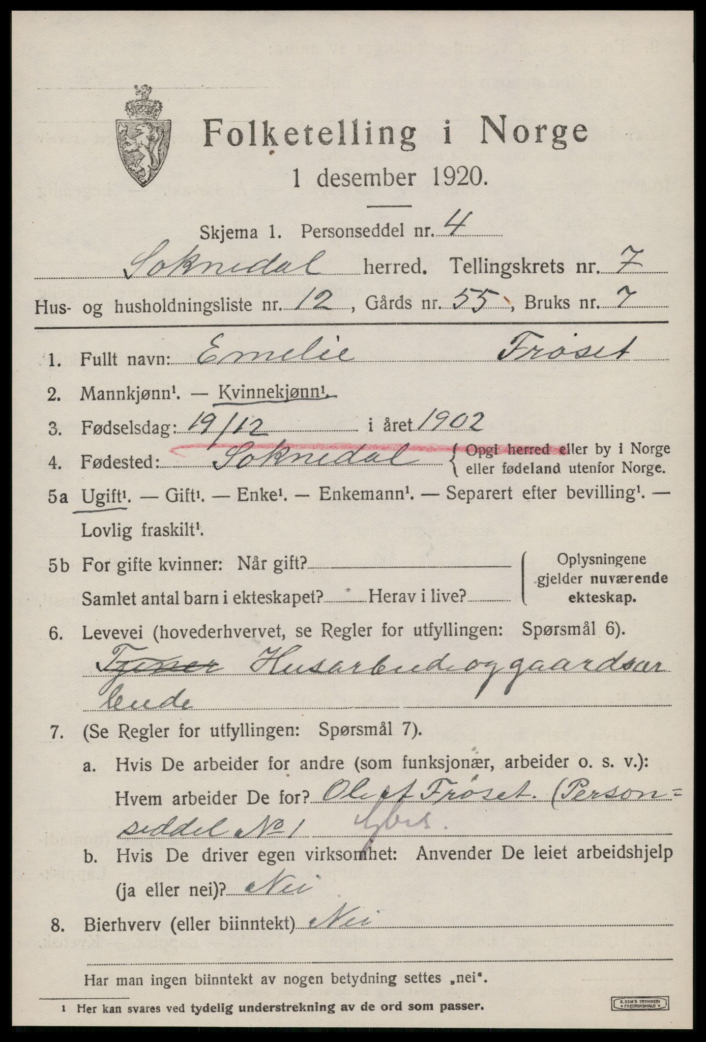 SAT, 1920 census for Soknedal, 1920, p. 3582