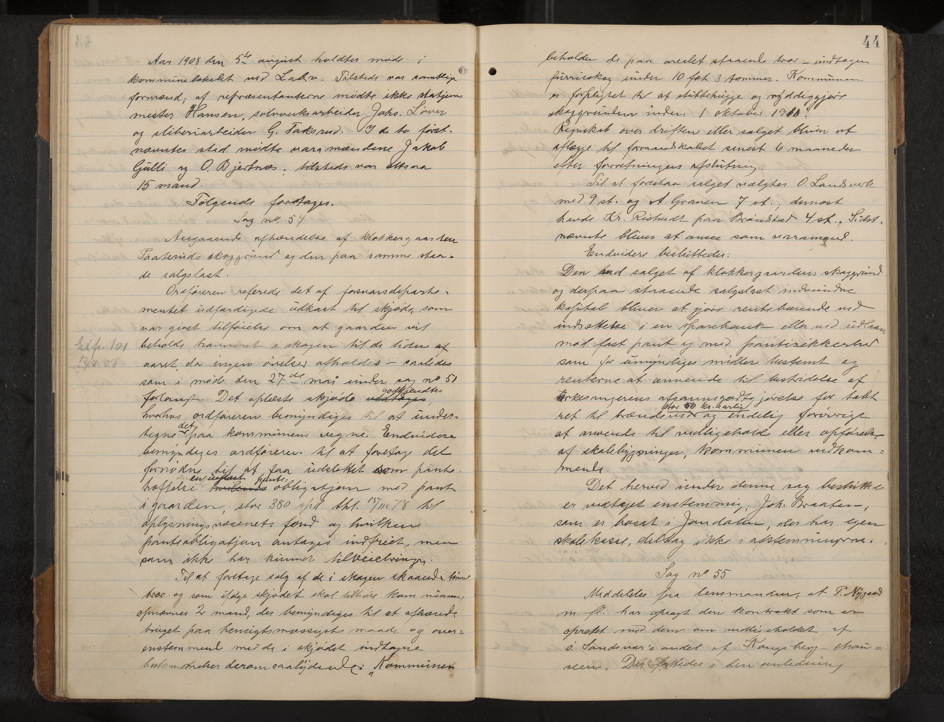 Øvre Sandsvær formannskap og sentraladministrasjon, IKAK/0630021/A/L0001: Møtebok med register, 1908-1913, p. 44