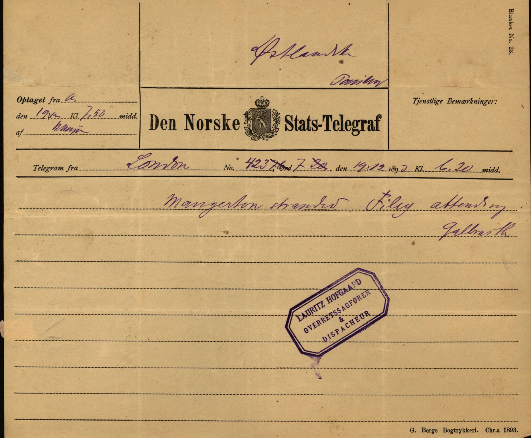 Pa 63 - Østlandske skibsassuranceforening, VEMU/A-1079/G/Ga/L0030/0001: Havaridokumenter / Leif, Korsvei, Margret, Mangerton, Mathilde, Island, Andover, 1893, p. 172