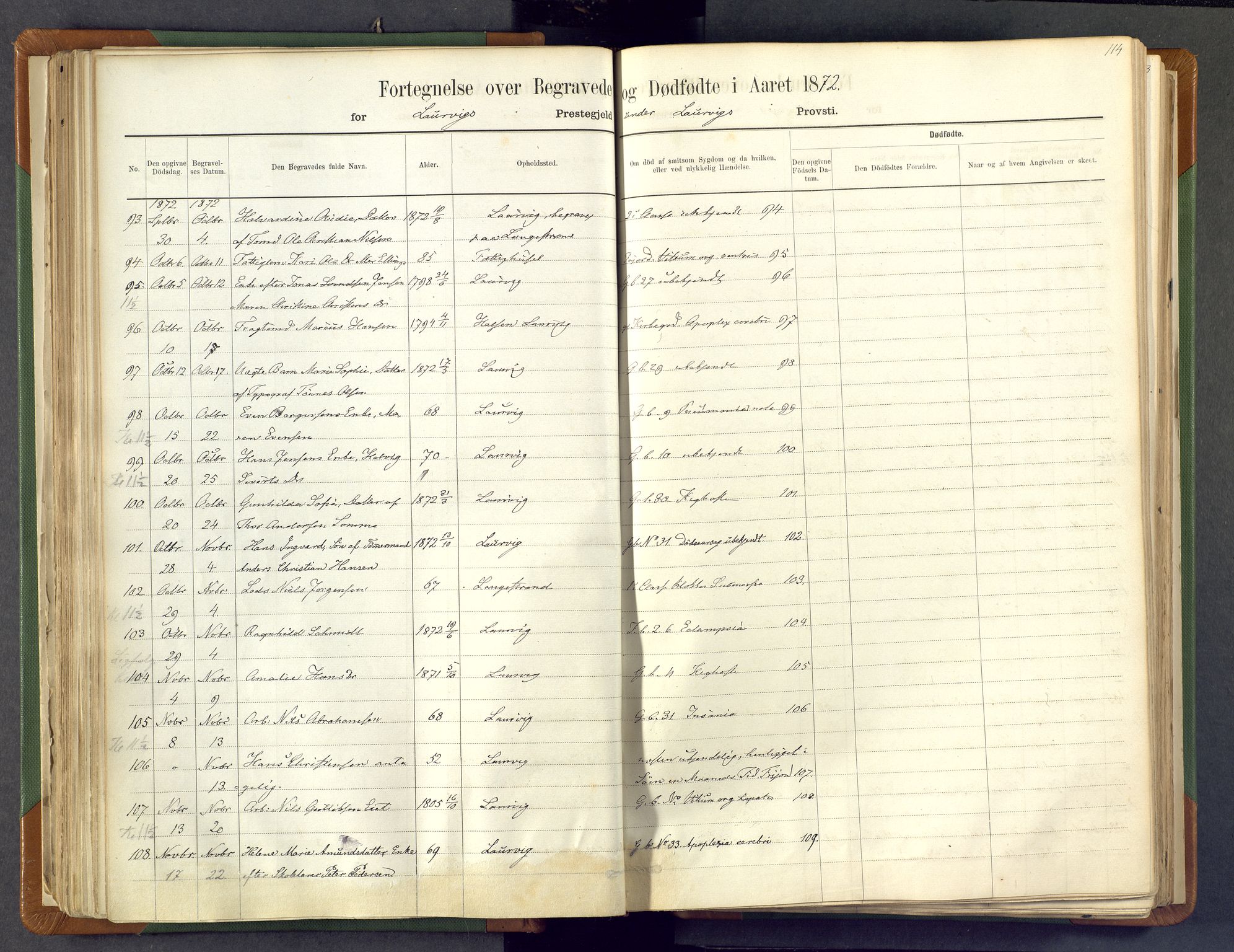 Larvik kirkebøker, AV/SAKO-A-352/F/Fa/L0007: Parish register (official) no. I 7, 1871-1883, p. 114