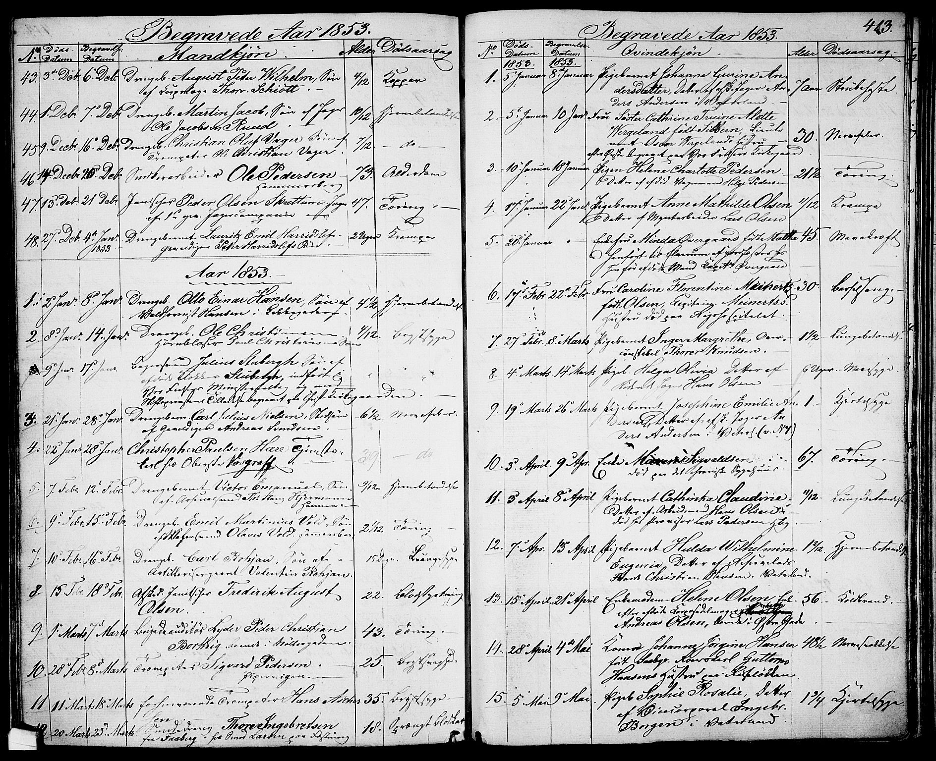 Garnisonsmenigheten Kirkebøker, AV/SAO-A-10846/G/Ga/L0005: Parish register (copy) no. 5, 1841-1860, p. 413