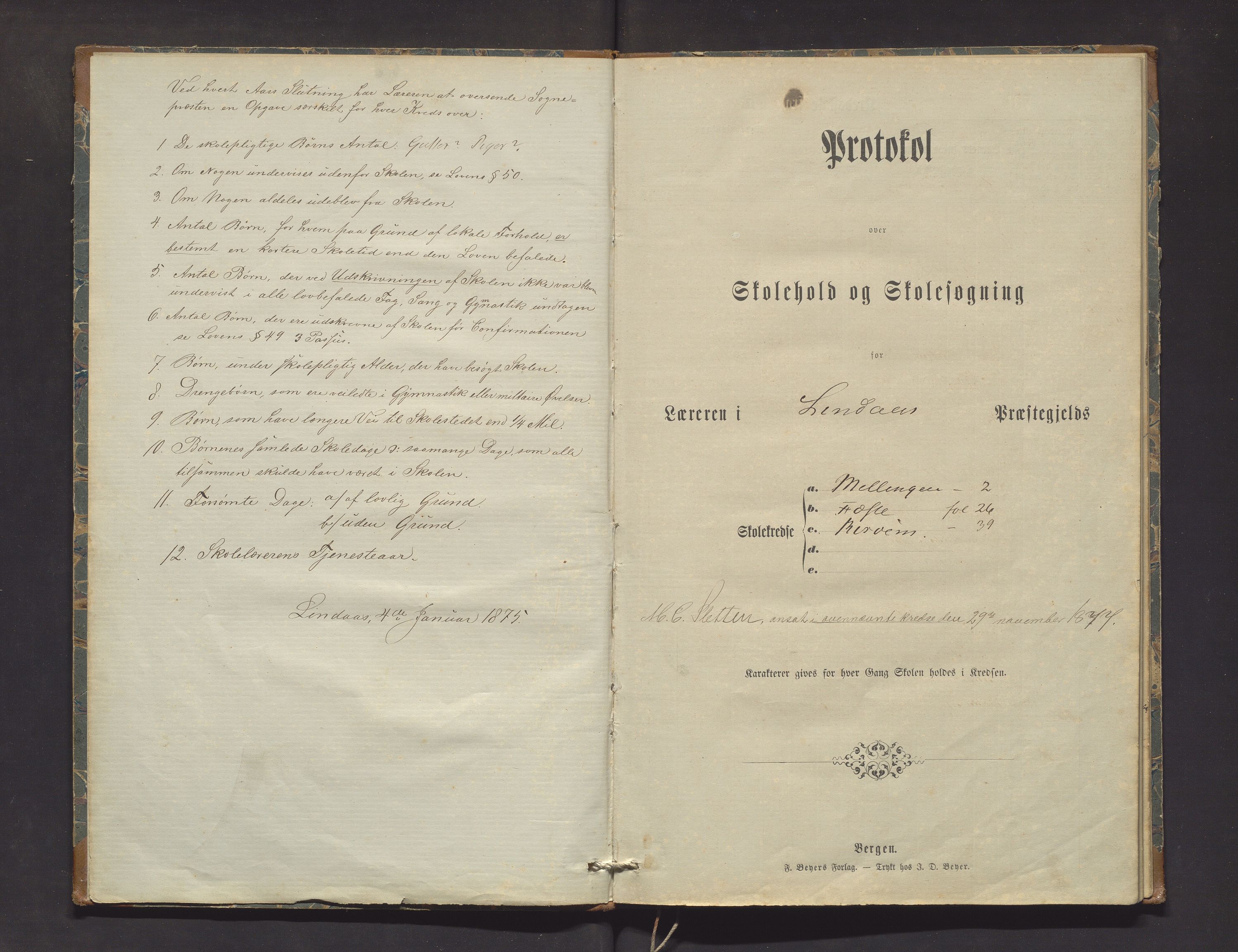 Lindås kommune. Barneskulane, IKAH/1263-231/F/Fa/L0044: Skuleprotokoll for Mellingen og Feste krinsar, 1874-1886