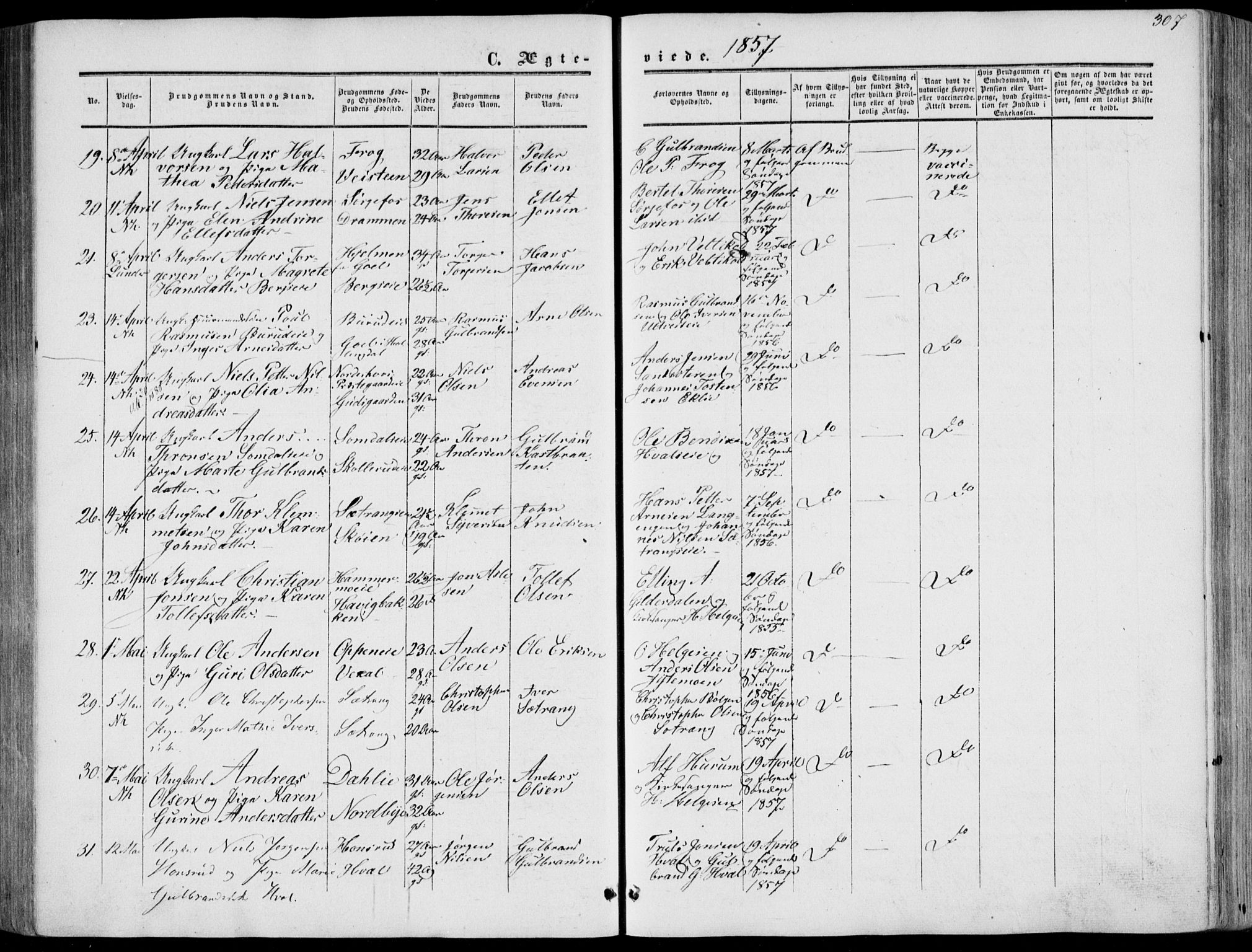 Norderhov kirkebøker, AV/SAKO-A-237/F/Fa/L0012: Parish register (official) no. 12, 1856-1865, p. 307