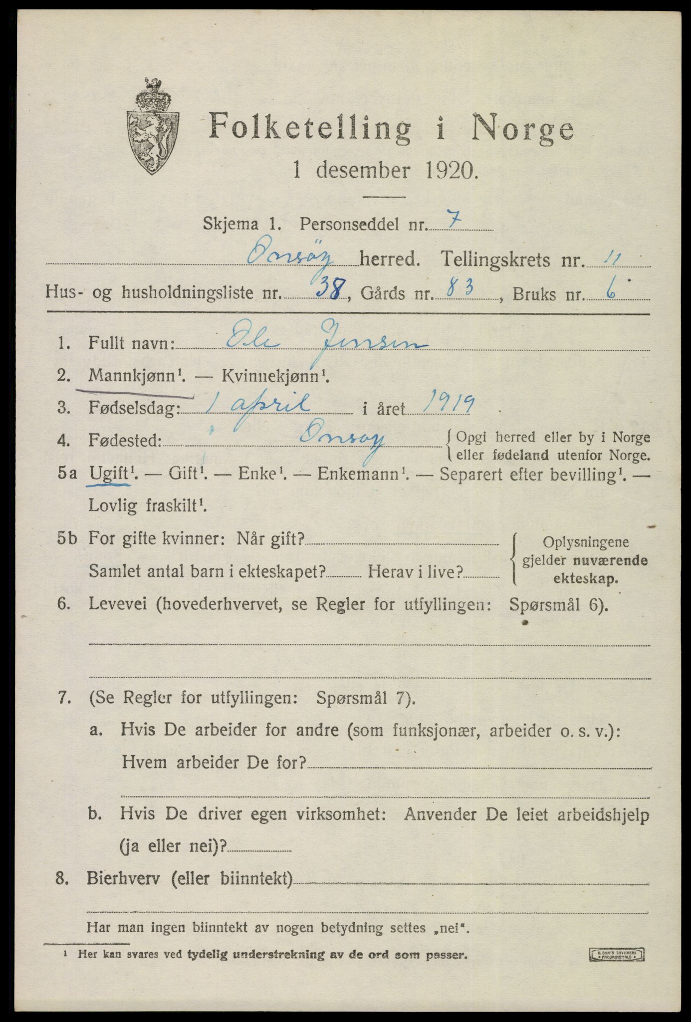 SAO, 1920 census for Onsøy, 1920, p. 14764