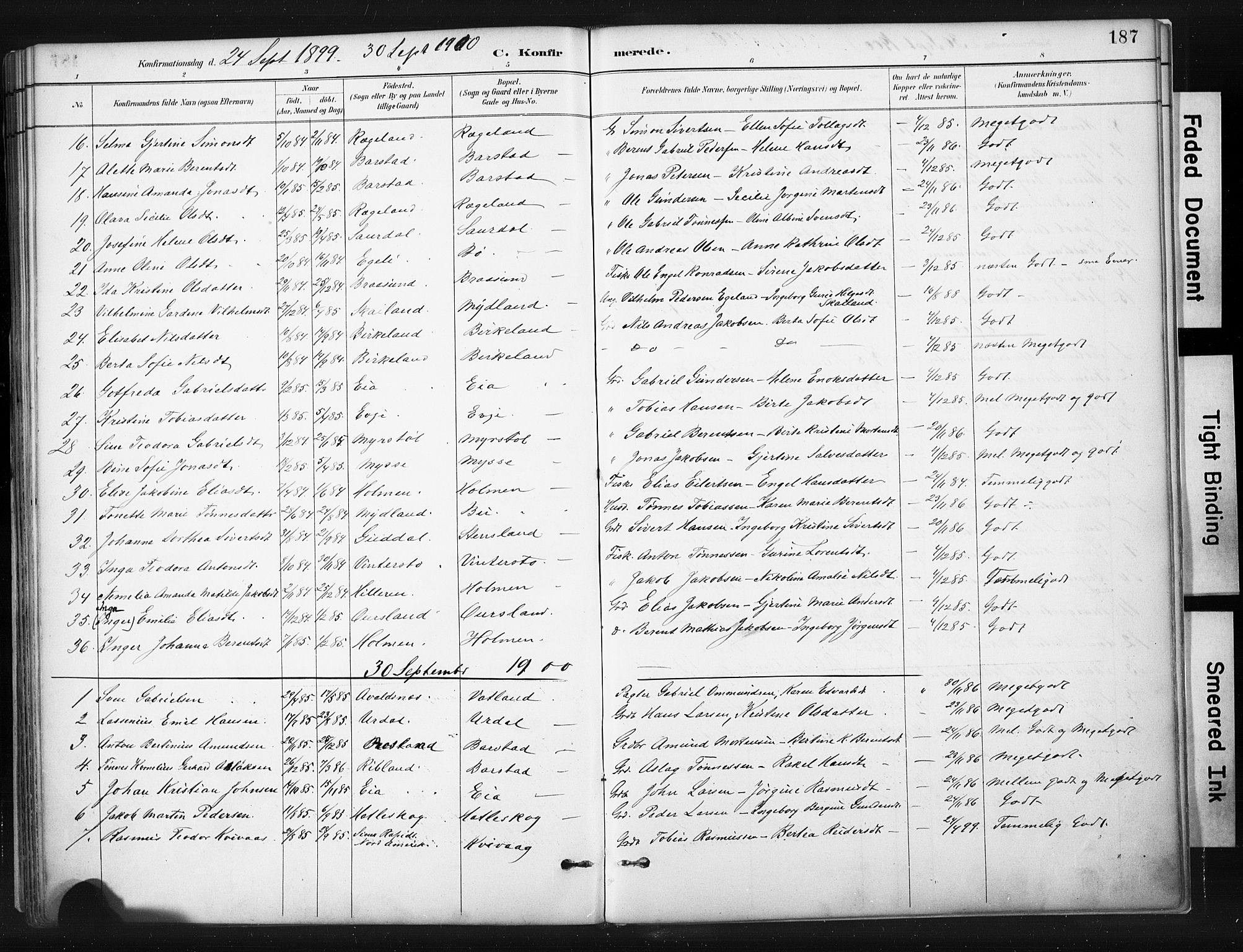 Sokndal sokneprestkontor, AV/SAST-A-101808: Parish register (official) no. A 11.1, 1887-1905, p. 187