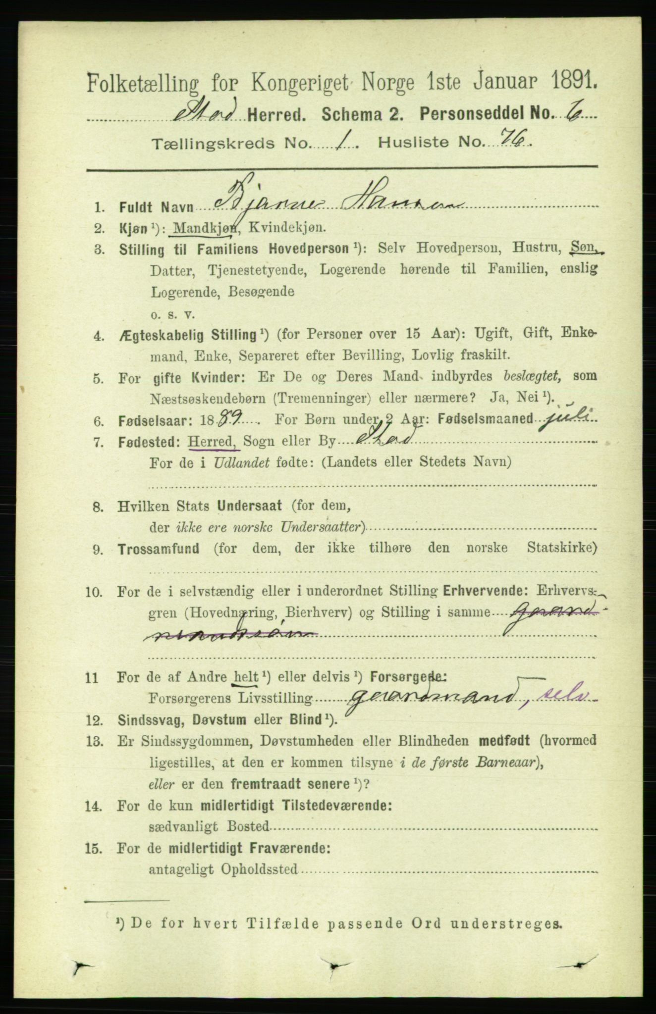 RA, 1891 census for 1734 Stod, 1891, p. 495