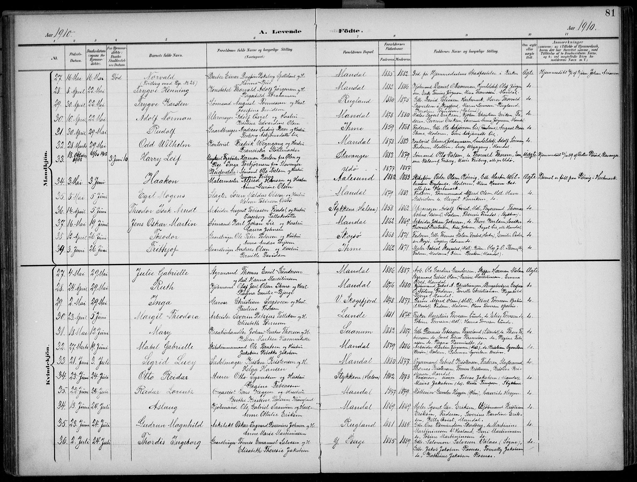 Mandal sokneprestkontor, AV/SAK-1111-0030/F/Fb/Fba/L0012: Parish register (copy) no. B 6, 1899-1918, p. 81