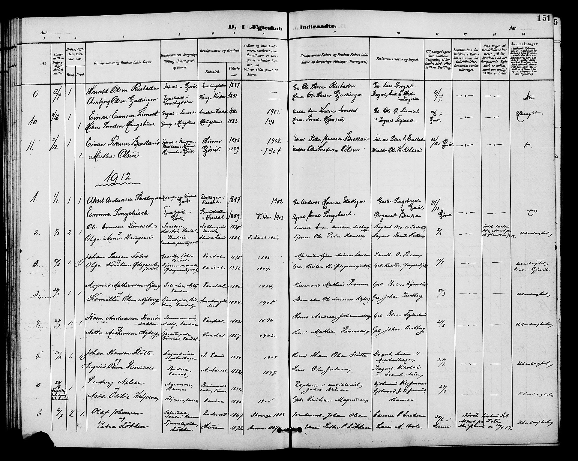 Vardal prestekontor, SAH/PREST-100/H/Ha/Hab/L0011: Parish register (copy) no. 11, 1899-1913, p. 151