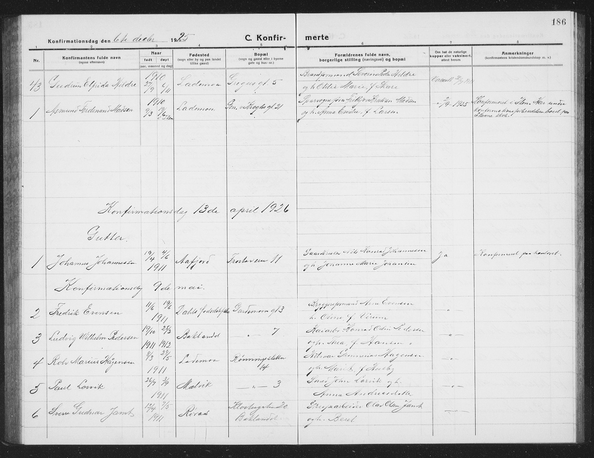 Ministerialprotokoller, klokkerbøker og fødselsregistre - Sør-Trøndelag, SAT/A-1456/605/L0258: Parish register (copy) no. 605C05, 1918-1930, p. 186
