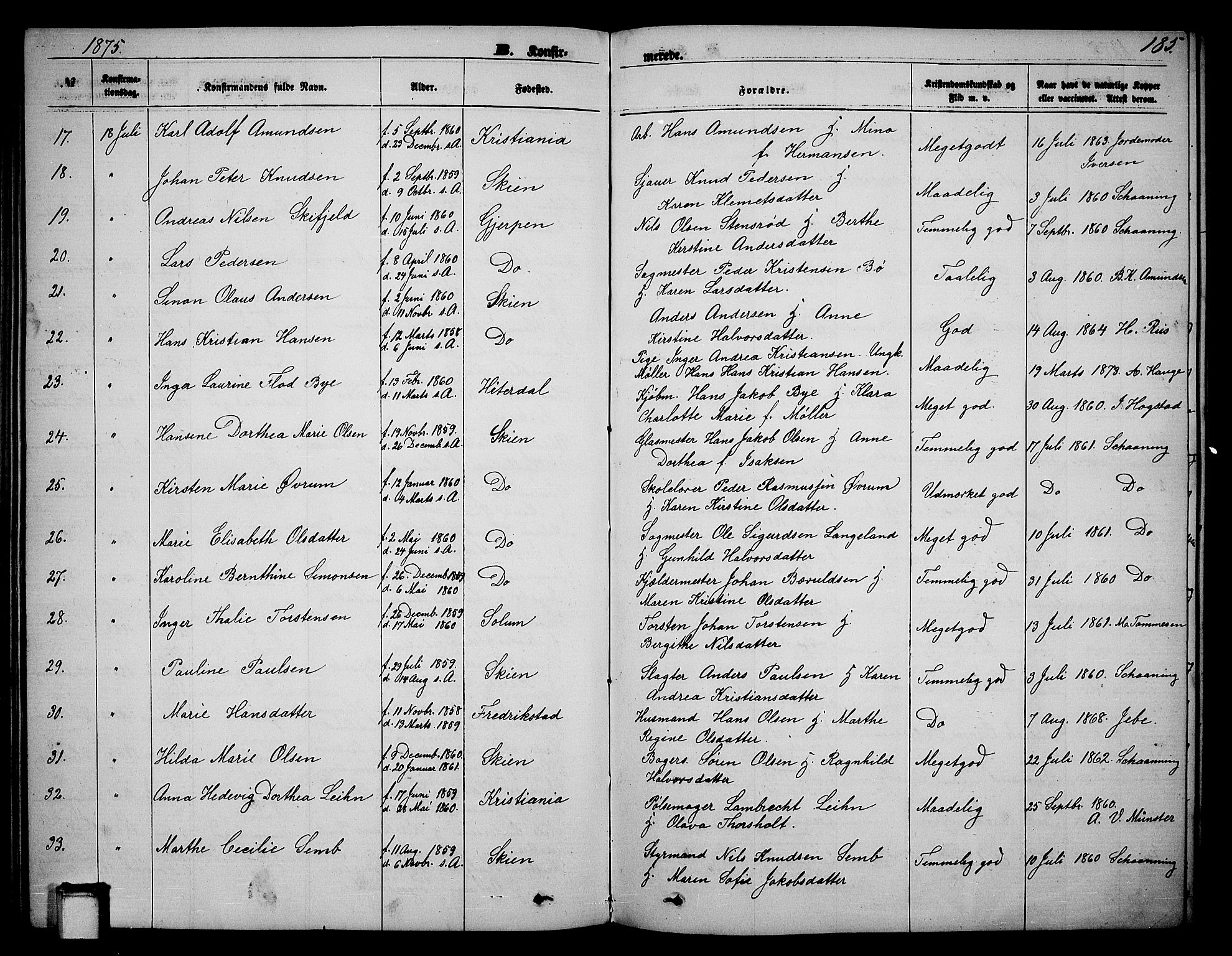 Skien kirkebøker, SAKO/A-302/G/Ga/L0005: Parish register (copy) no. 5, 1868-1880, p. 185