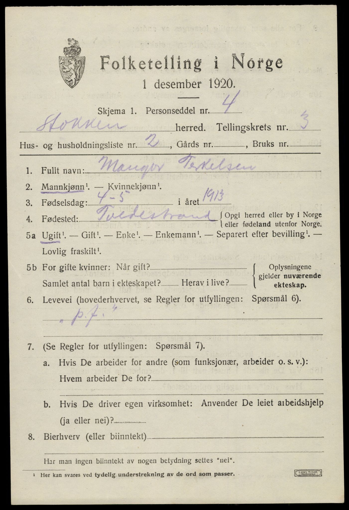 SAK, 1920 census for Stokken, 1920, p. 1980