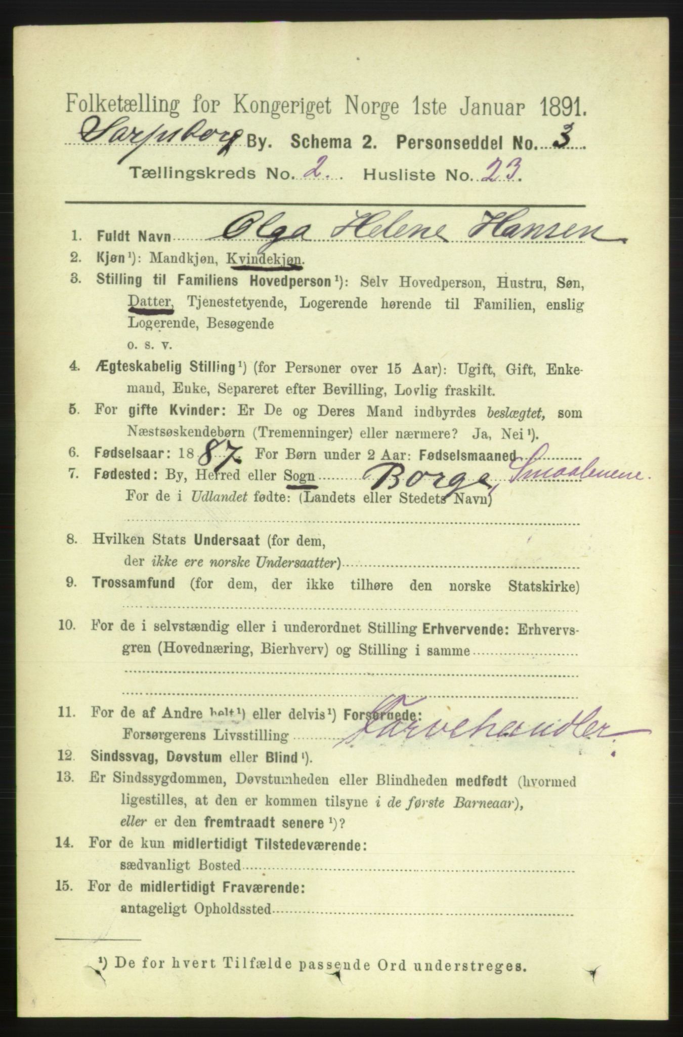 RA, 1891 census for 0102 Sarpsborg, 1891, p. 1478