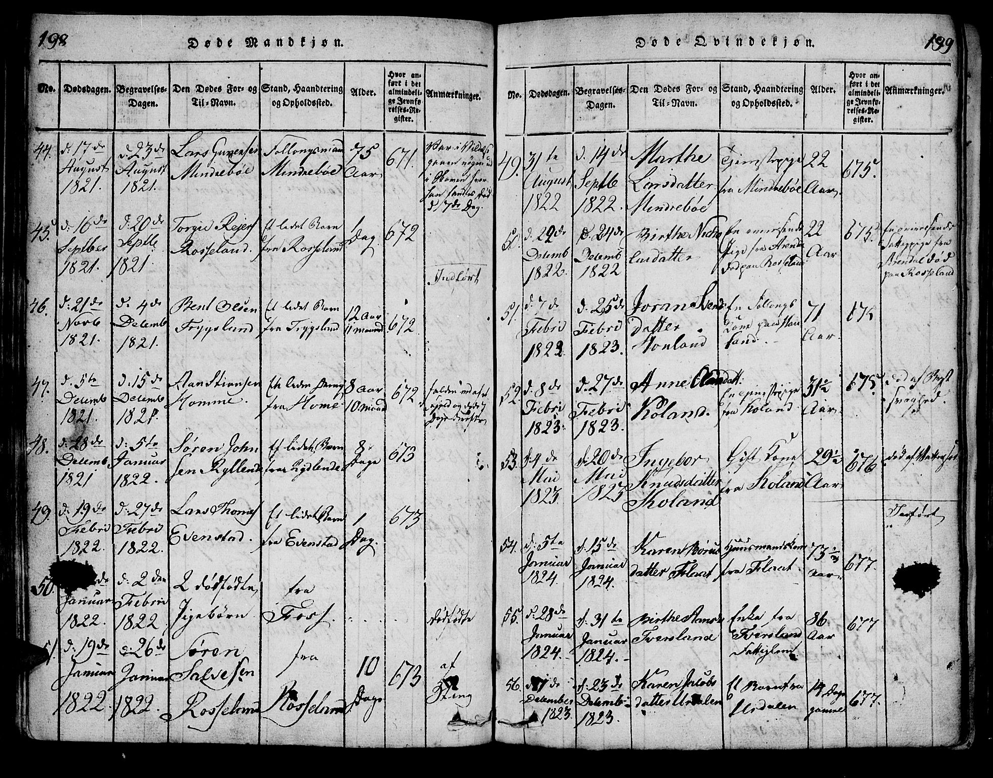 Bjelland sokneprestkontor, SAK/1111-0005/F/Fa/Faa/L0002: Parish register (official) no. A 2, 1816-1866, p. 198-199