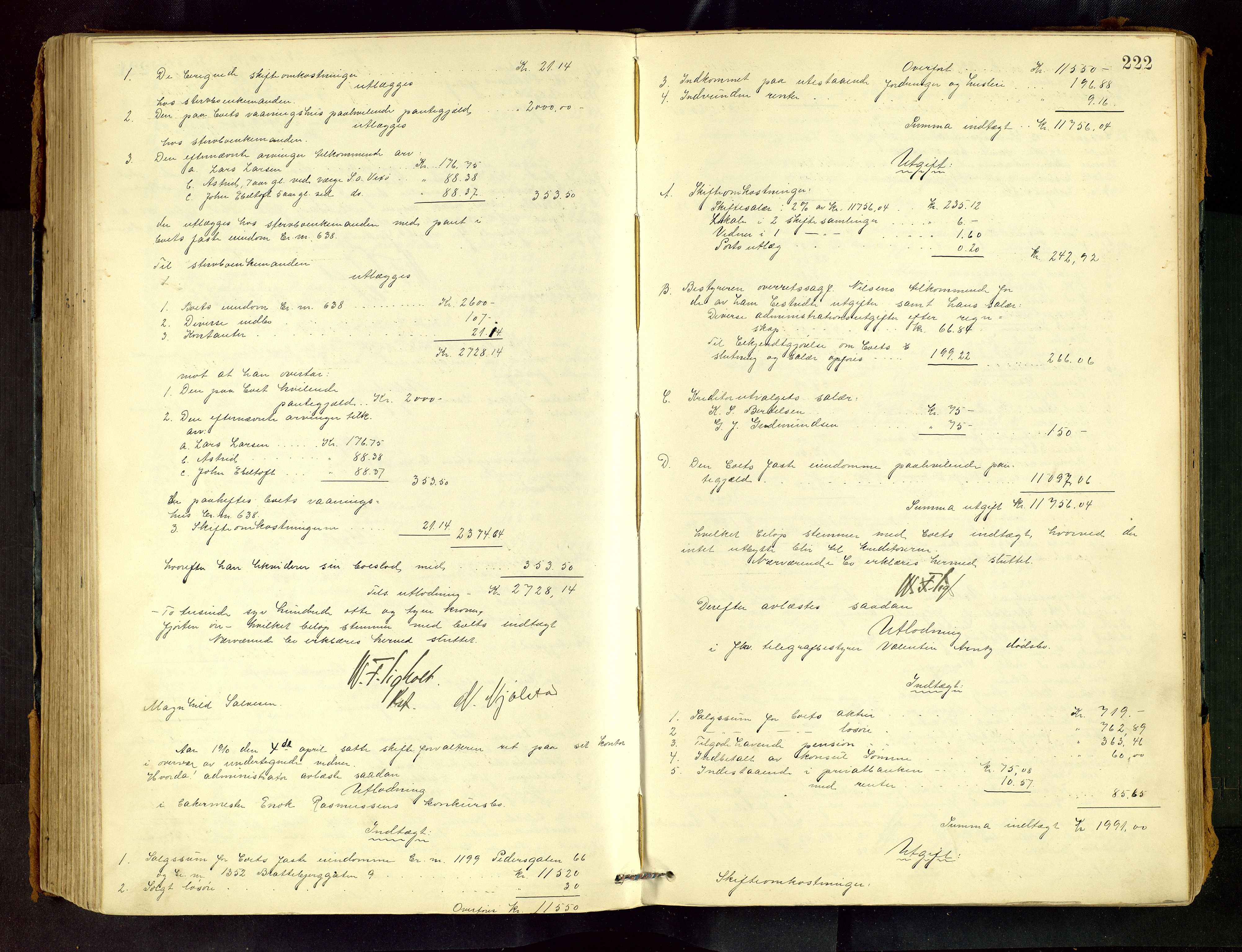 Stavanger skifteforvalter, AV/SAST-A-101412/001/5/50/503BB/L0005: Skifteutlodningsprotokoll, 1904-1915, p. 222