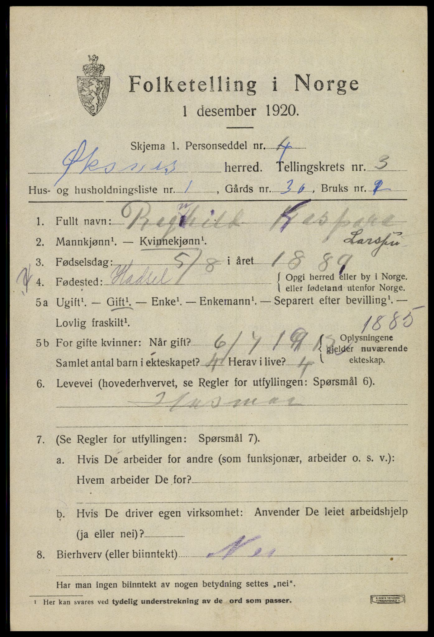 SAT, 1920 census for Øksnes, 1920, p. 2400