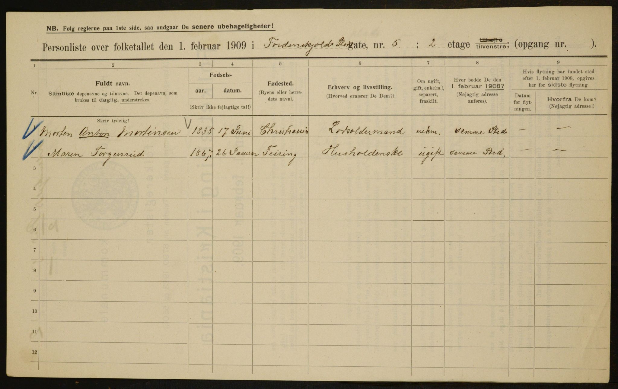 OBA, Municipal Census 1909 for Kristiania, 1909, p. 103306