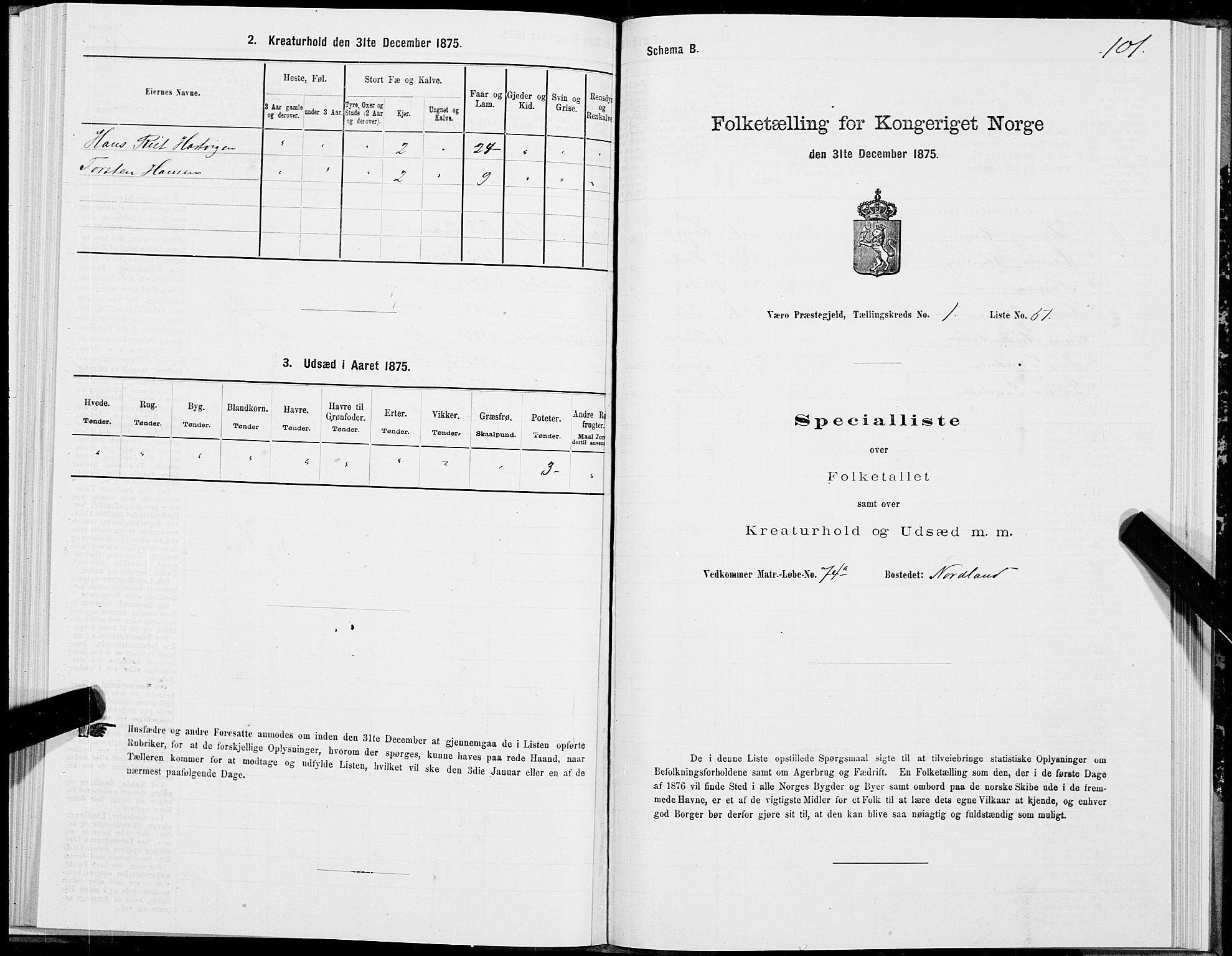 SAT, 1875 census for 1857P Værøy, 1875, p. 1101