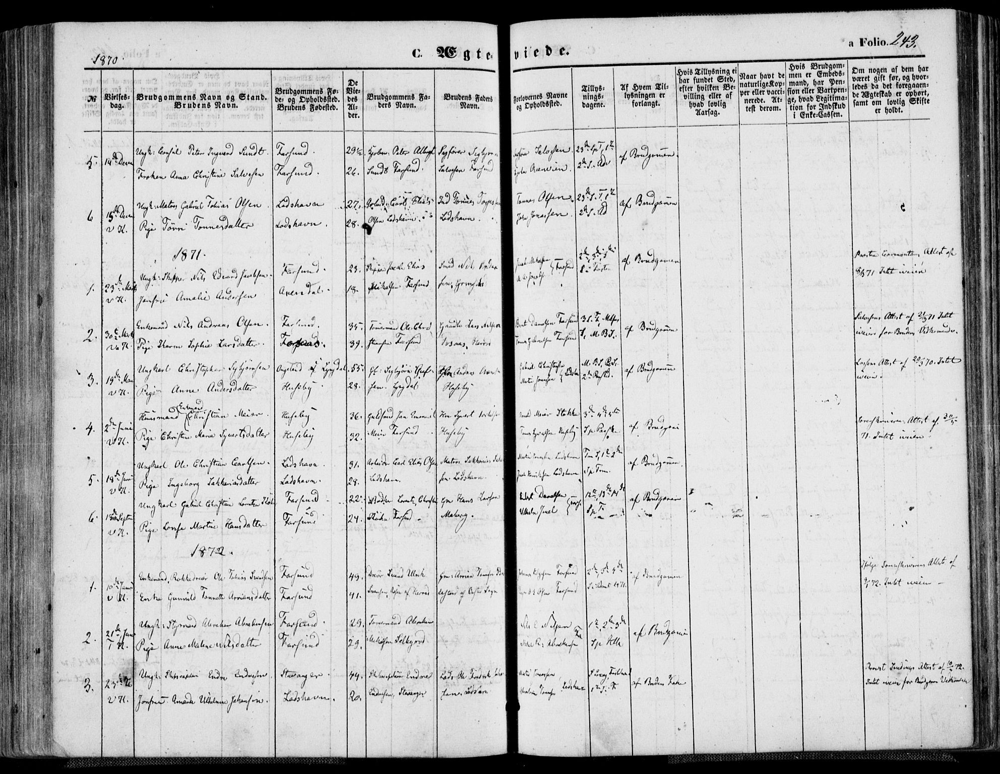 Farsund sokneprestkontor, SAK/1111-0009/F/Fa/L0005: Parish register (official) no. A 5, 1863-1886, p. 243