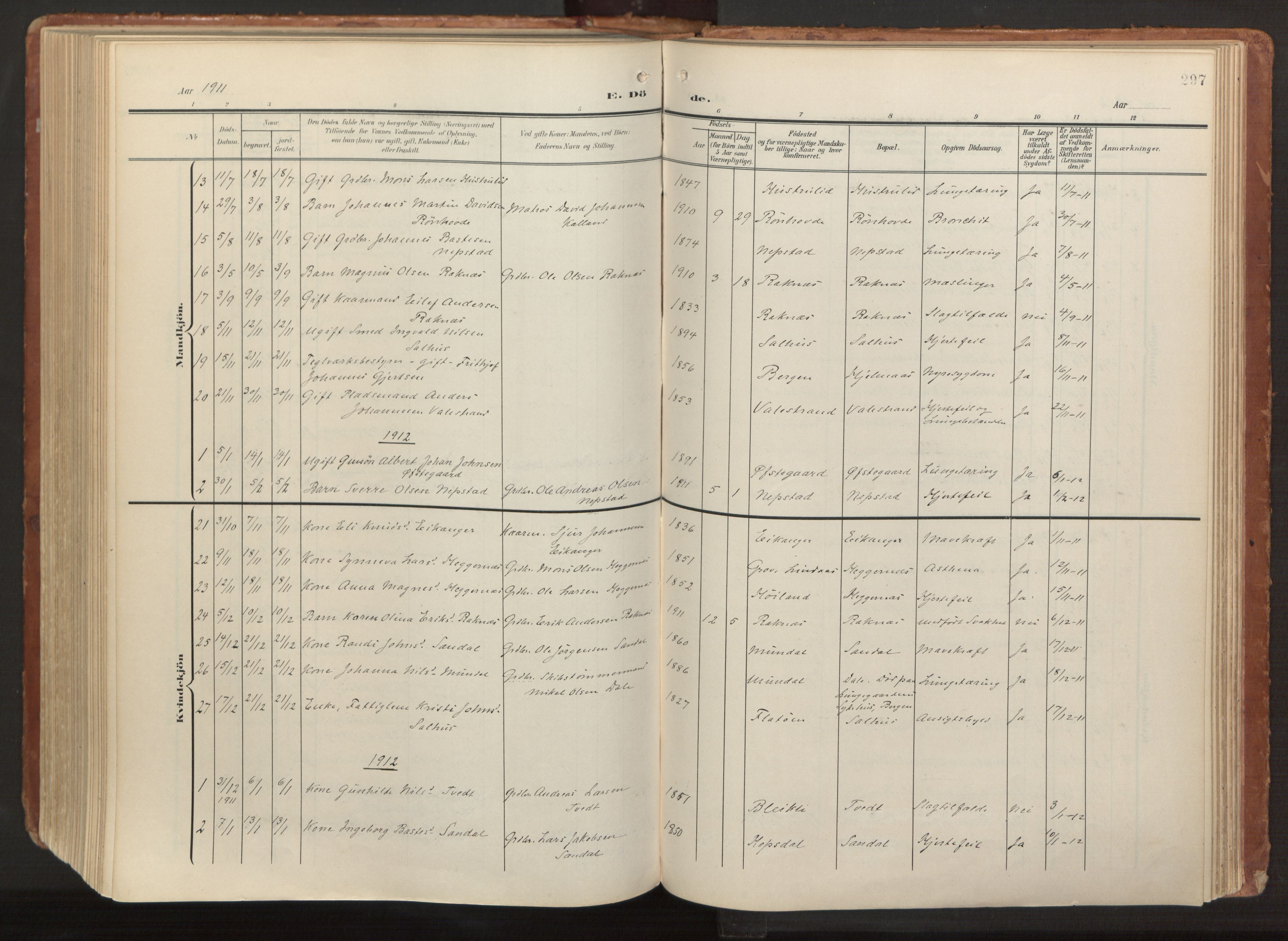 Hamre sokneprestembete, AV/SAB-A-75501/H/Ha/Haa/Haab/L0002: Parish register (official) no. B 2, 1905-1924, p. 297