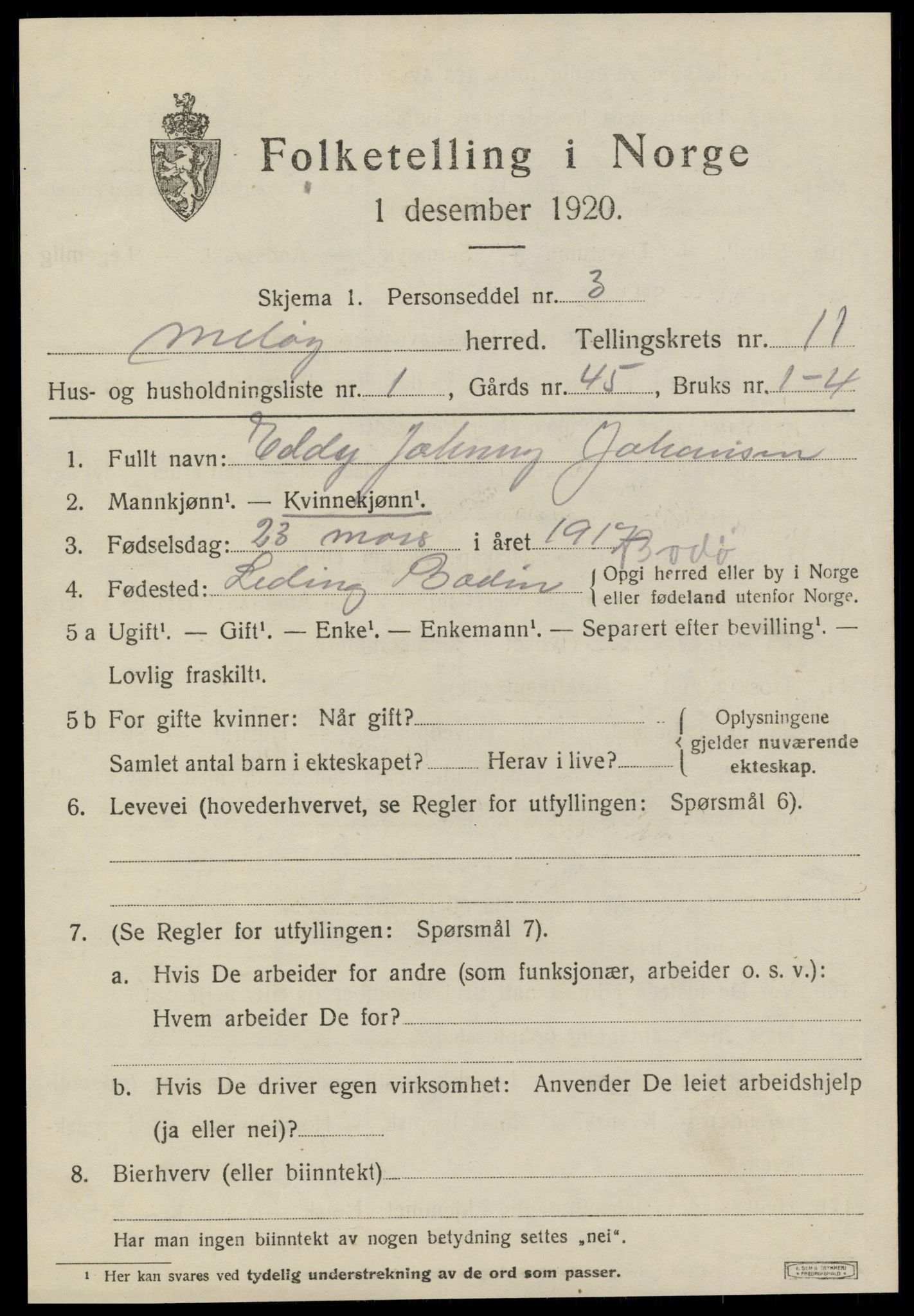 SAT, 1920 census for Meløy, 1920, p. 5533