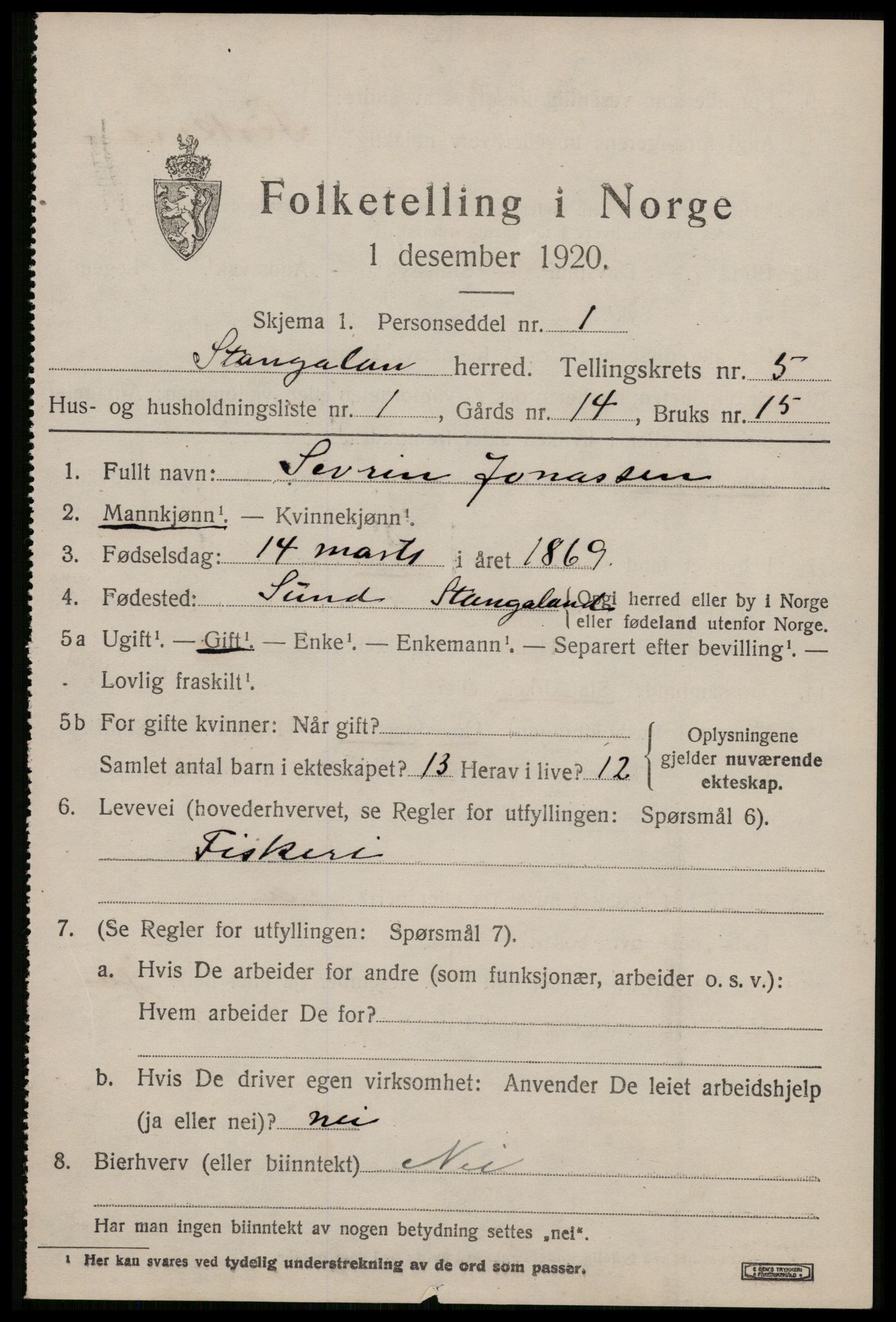 SAST, 1920 census for Stangaland, 1920, p. 3669