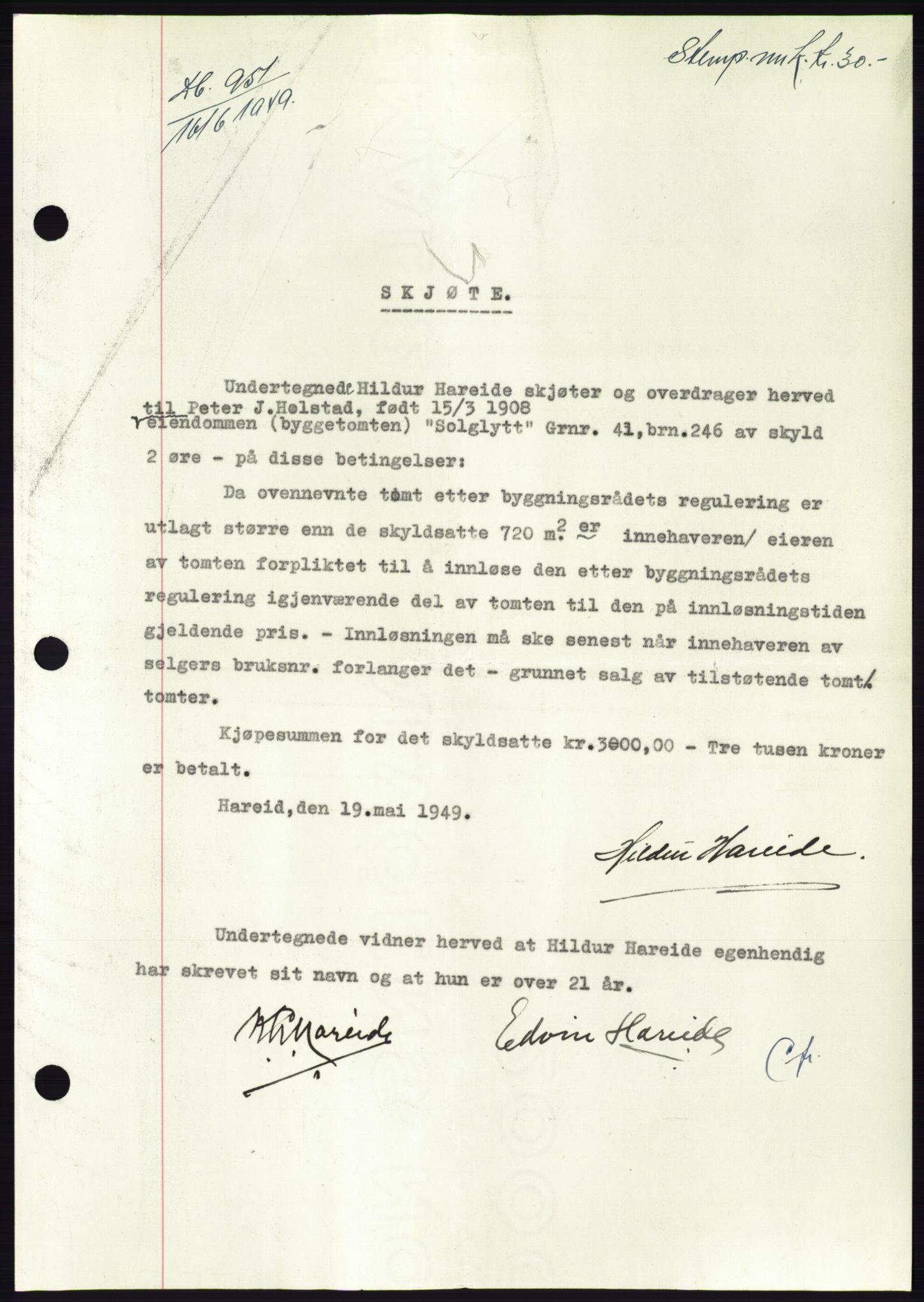 Søre Sunnmøre sorenskriveri, AV/SAT-A-4122/1/2/2C/L0084: Mortgage book no. 10A, 1949-1949, Diary no: : 951/1949