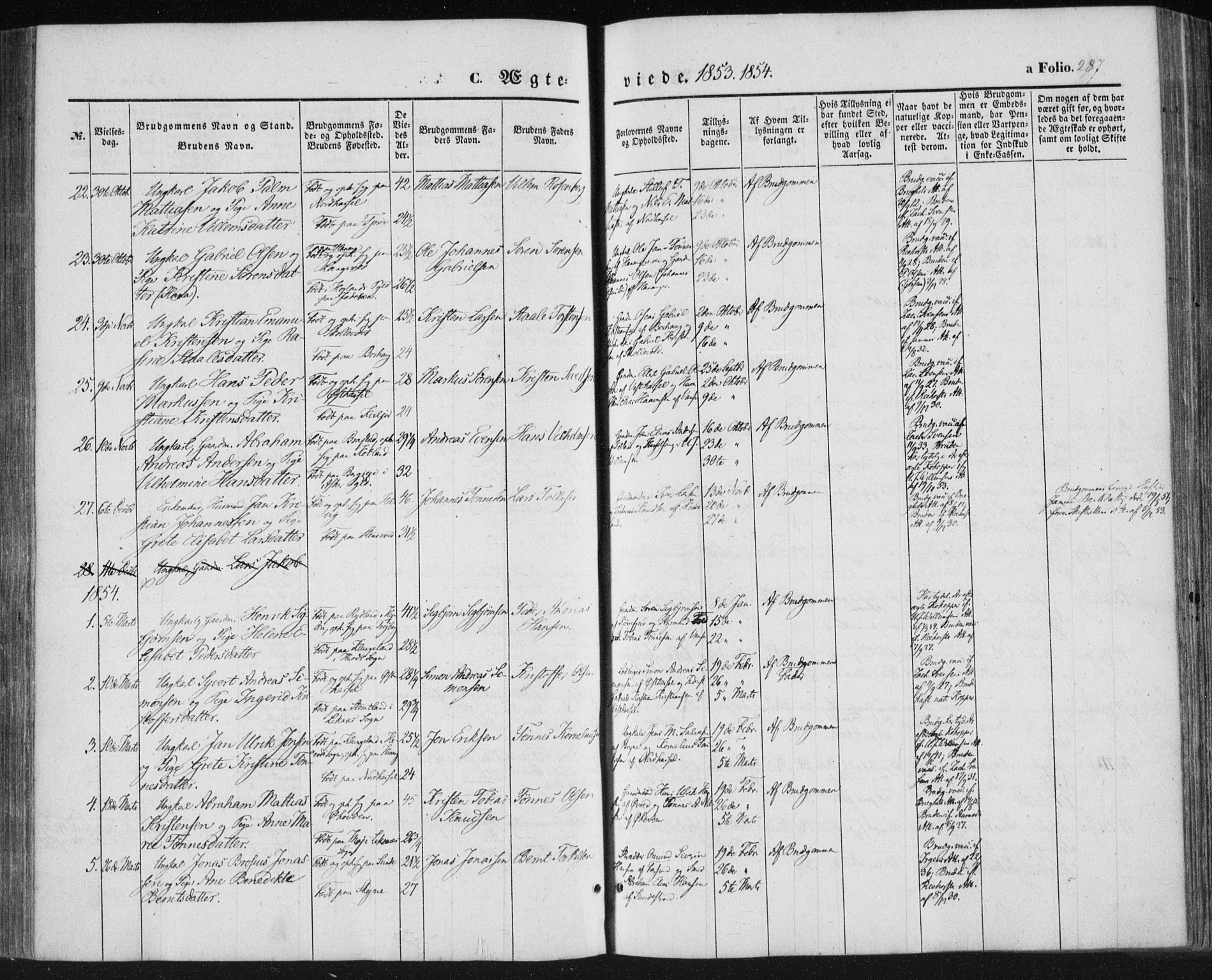 Lista sokneprestkontor, AV/SAK-1111-0027/F/Fa/L0010: Parish register (official) no. A 10, 1846-1861, p. 287