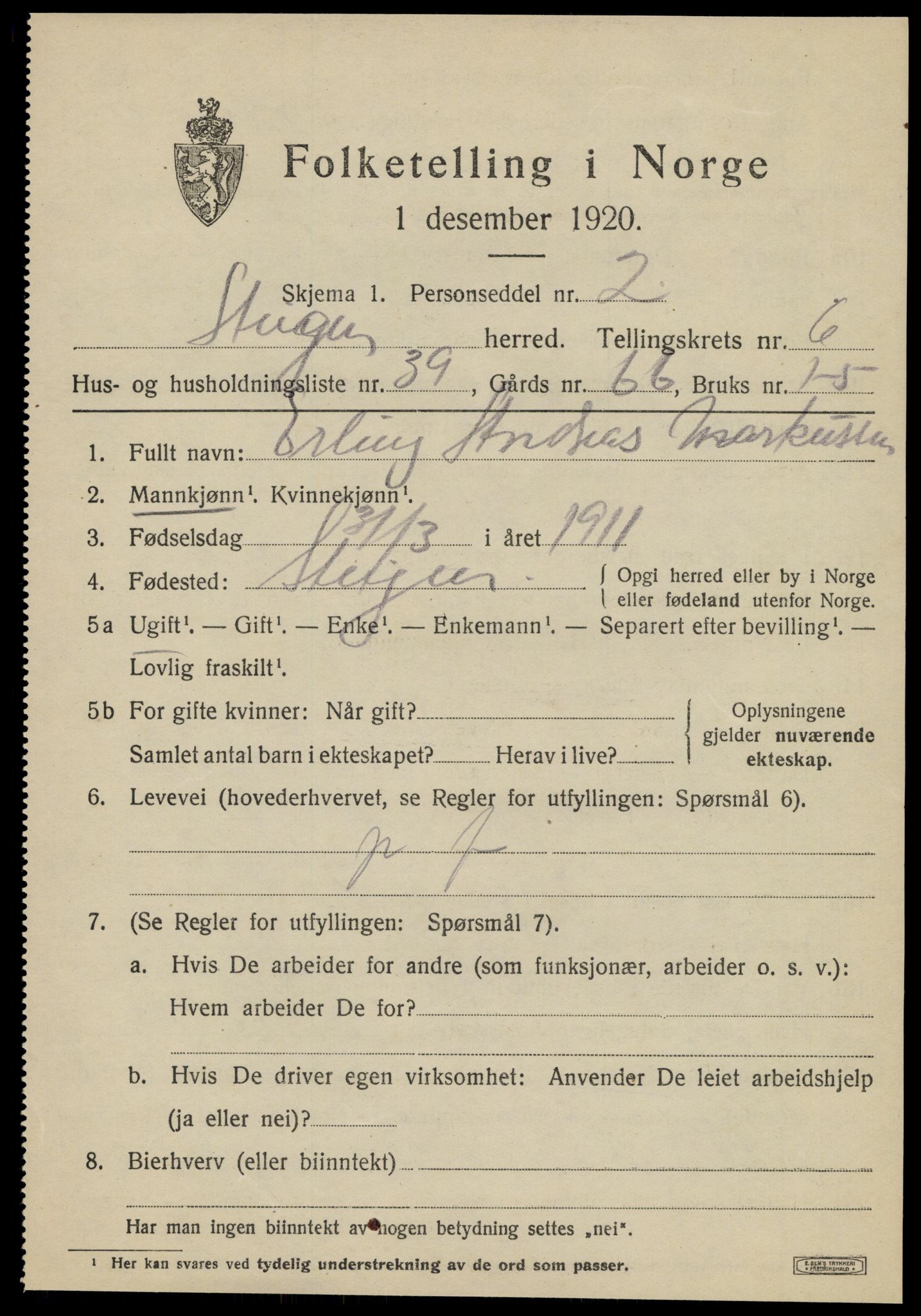 SAT, 1920 census for Steigen, 1920, p. 2740