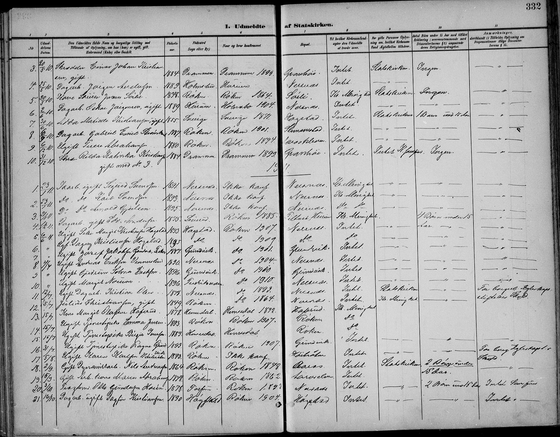 Røyken kirkebøker, AV/SAKO-A-241/F/Fa/L0009: Parish register (official) no. 9, 1898-1911, p. 332