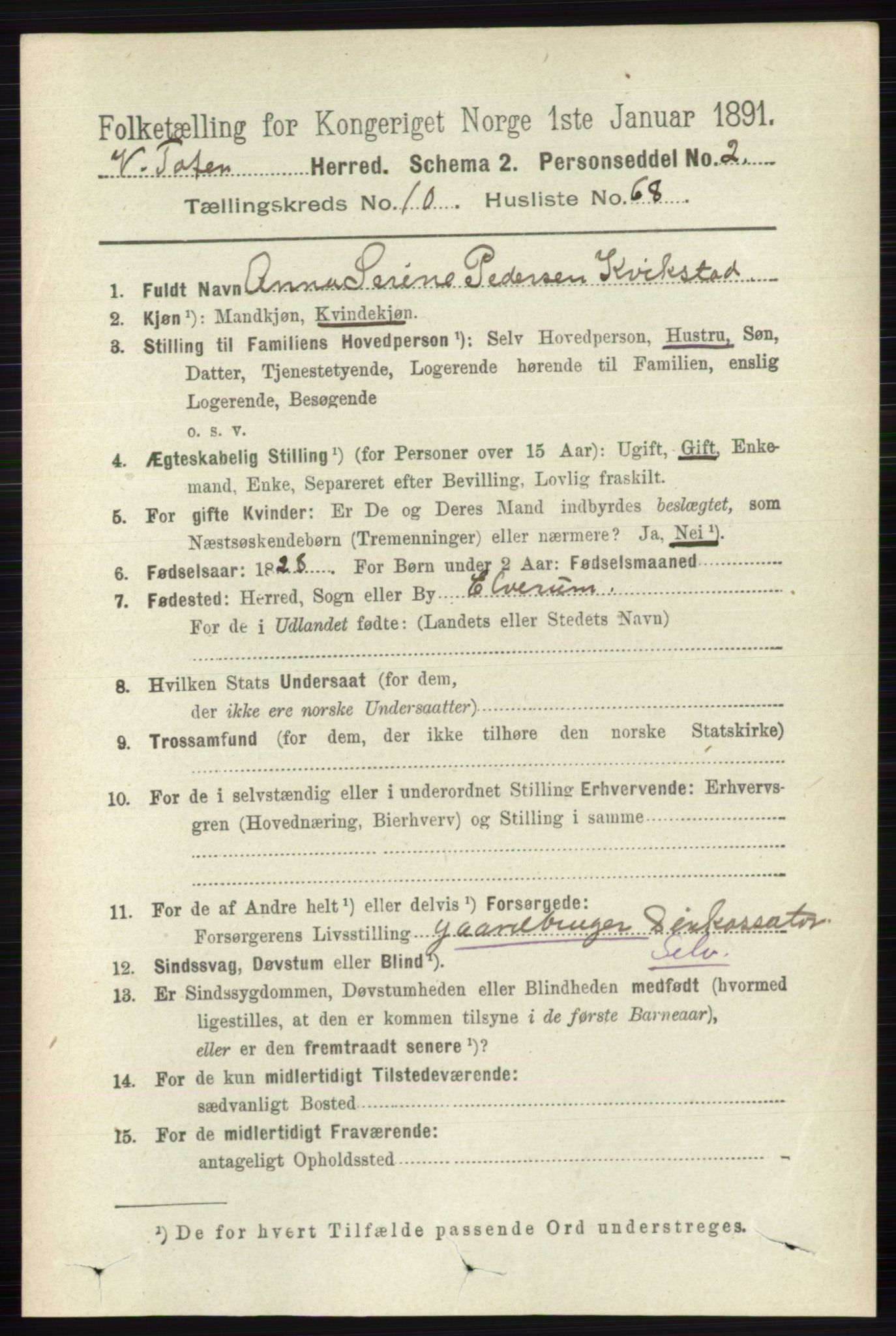 RA, 1891 census for 0529 Vestre Toten, 1891, p. 6579