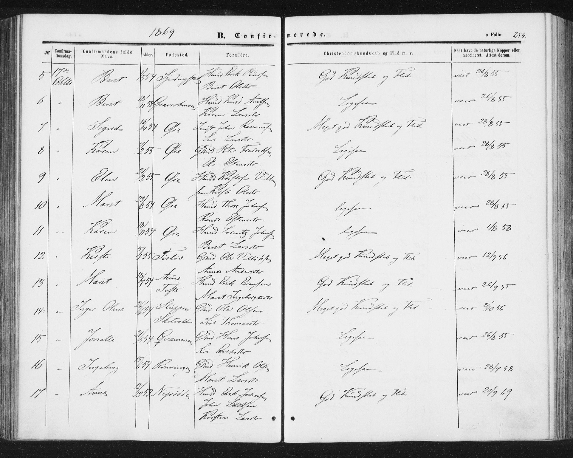 Ministerialprotokoller, klokkerbøker og fødselsregistre - Sør-Trøndelag, AV/SAT-A-1456/691/L1077: Parish register (official) no. 691A09, 1862-1873, p. 254