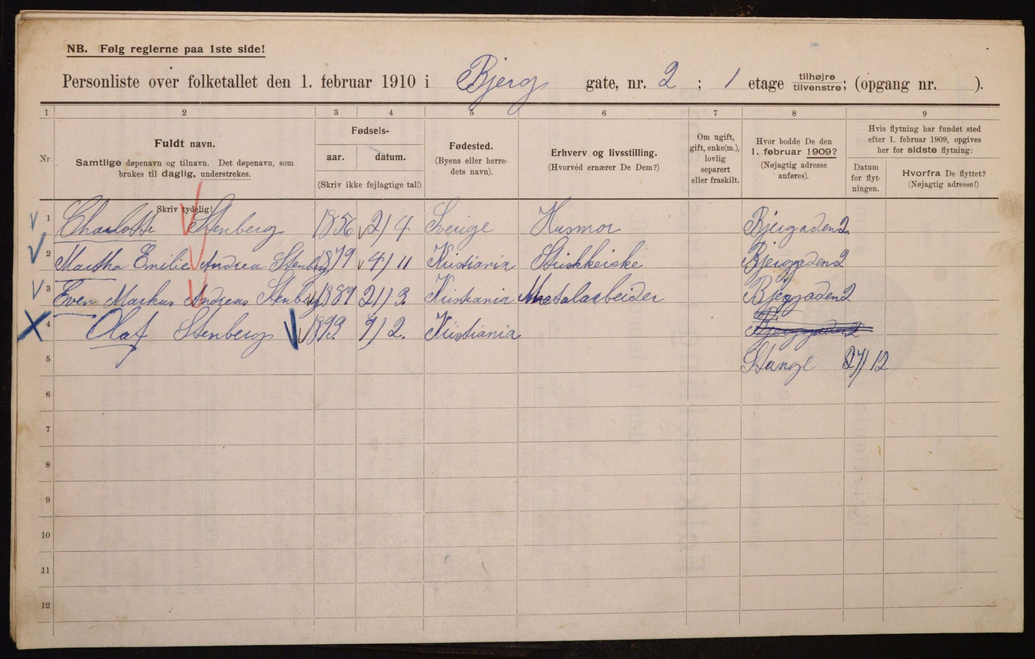 OBA, Municipal Census 1910 for Kristiania, 1910, p. 5264