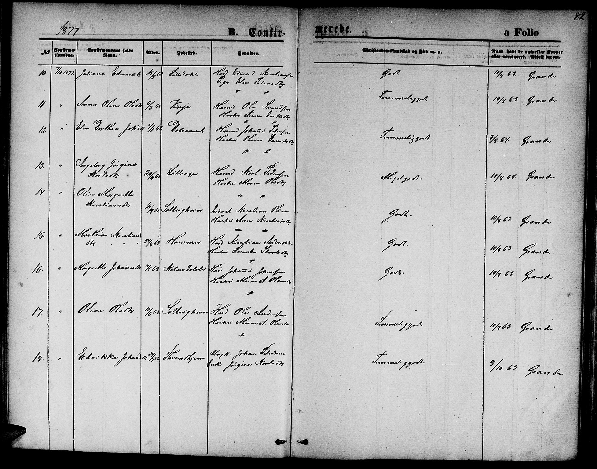 Ministerialprotokoller, klokkerbøker og fødselsregistre - Nord-Trøndelag, AV/SAT-A-1458/733/L0326: Parish register (copy) no. 733C01, 1871-1887, p. 82