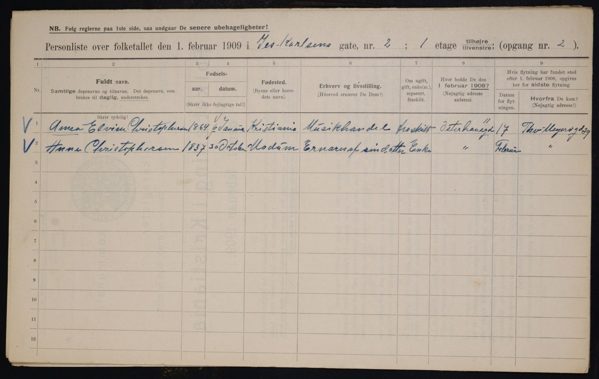 OBA, Municipal Census 1909 for Kristiania, 1909, p. 42909