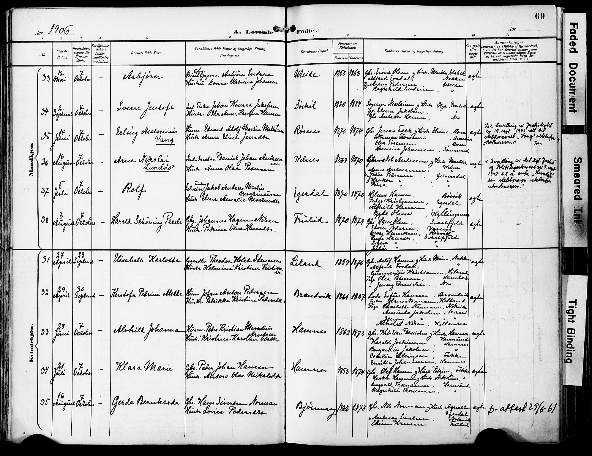 Ministerialprotokoller, klokkerbøker og fødselsregistre - Nordland, AV/SAT-A-1459/859/L0848: Parish register (official) no. 859A08, 1900-1912, p. 69