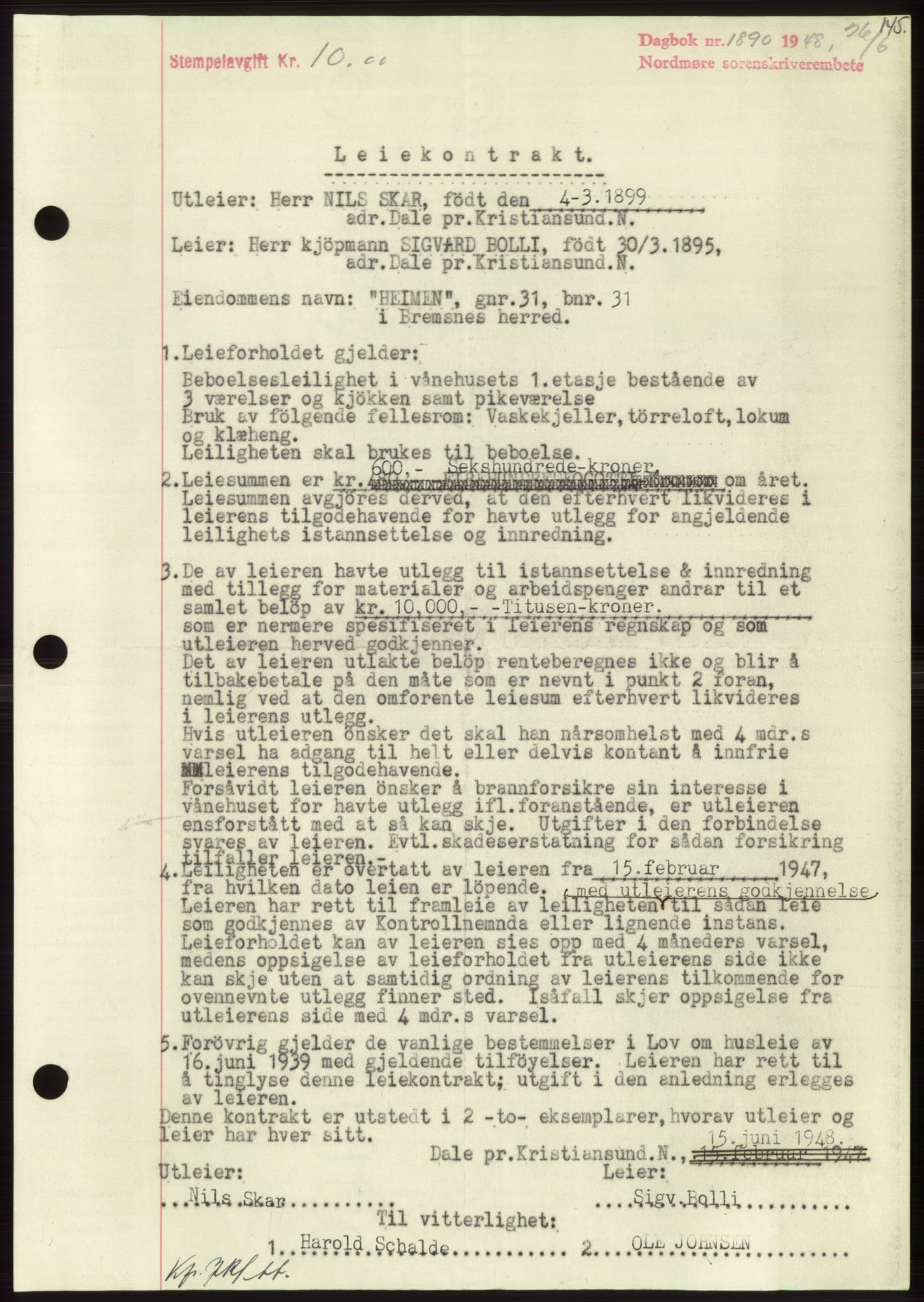 Nordmøre sorenskriveri, AV/SAT-A-4132/1/2/2Ca: Mortgage book no. B99, 1948-1948, Diary no: : 1890/1948