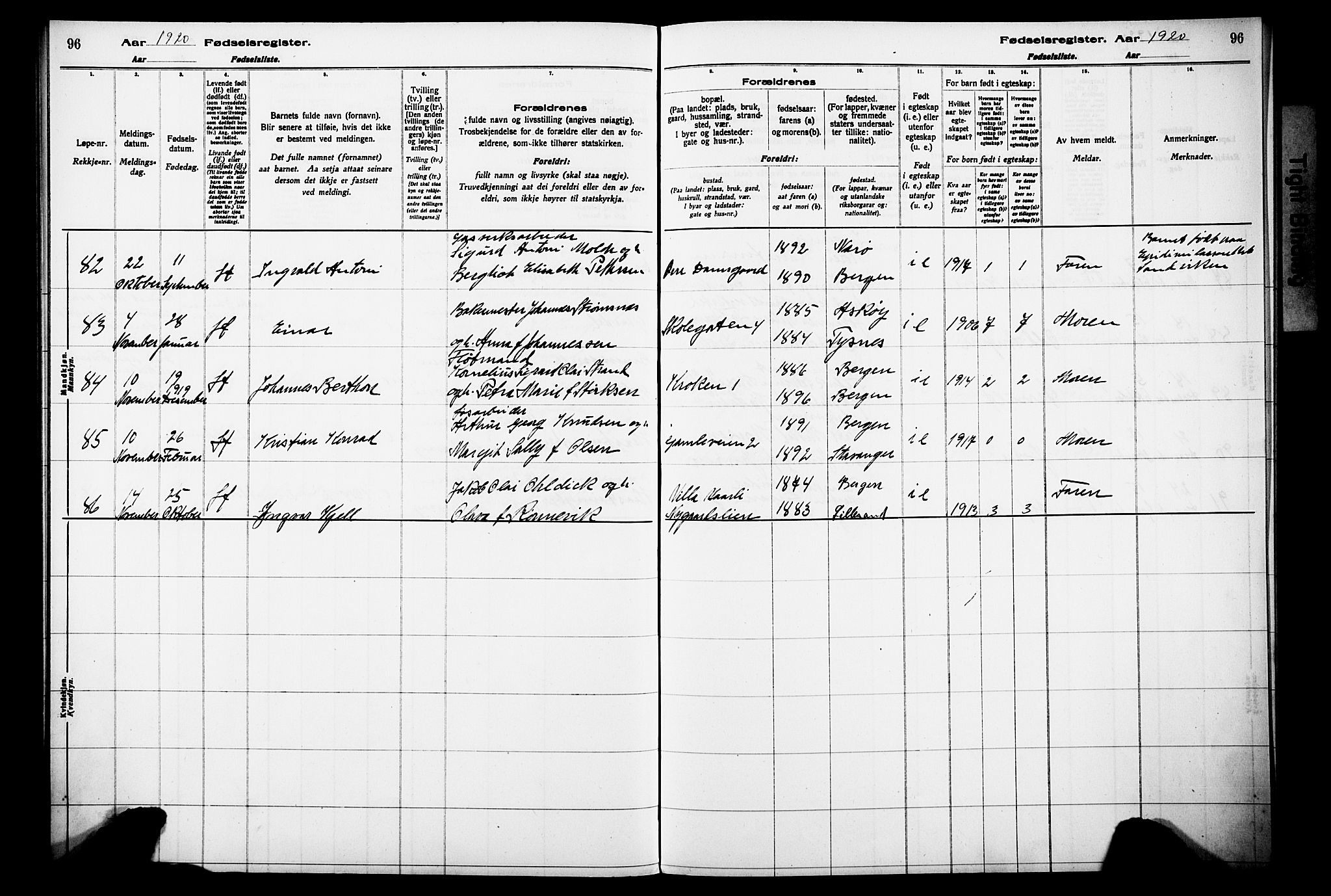 Laksevåg Sokneprestembete, AV/SAB-A-76501/I/Id/L00A1: Birth register no. A 1, 1916-1926, p. 96