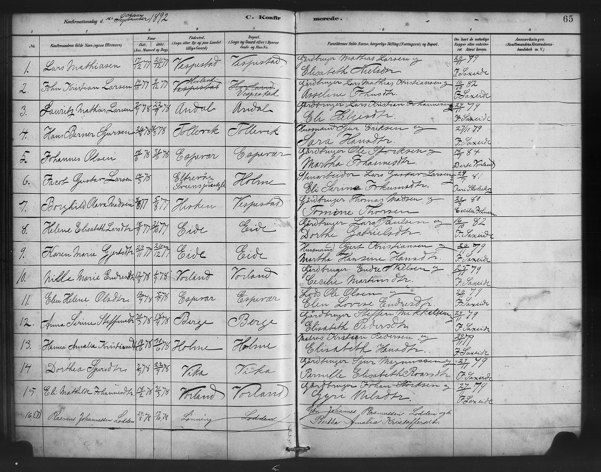 Finnås sokneprestembete, AV/SAB-A-99925/H/Ha/Haa/Haad/L0001: Parish register (official) no. D 1, 1880-1894, p. 65