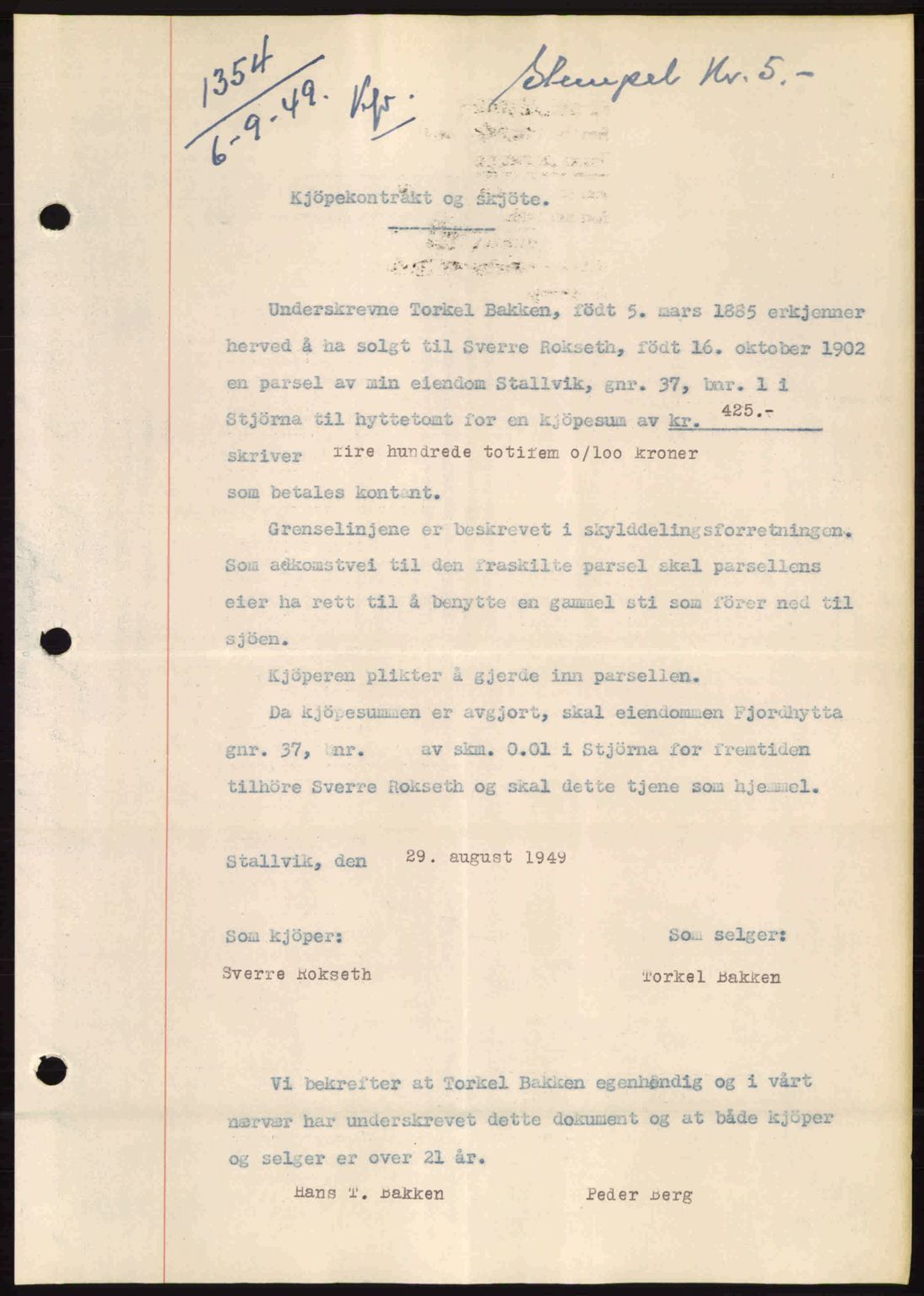 Fosen sorenskriveri, AV/SAT-A-1107/1/2/2C: Mortgage book no. A10, 1949-1950, Diary no: : 1354/1949