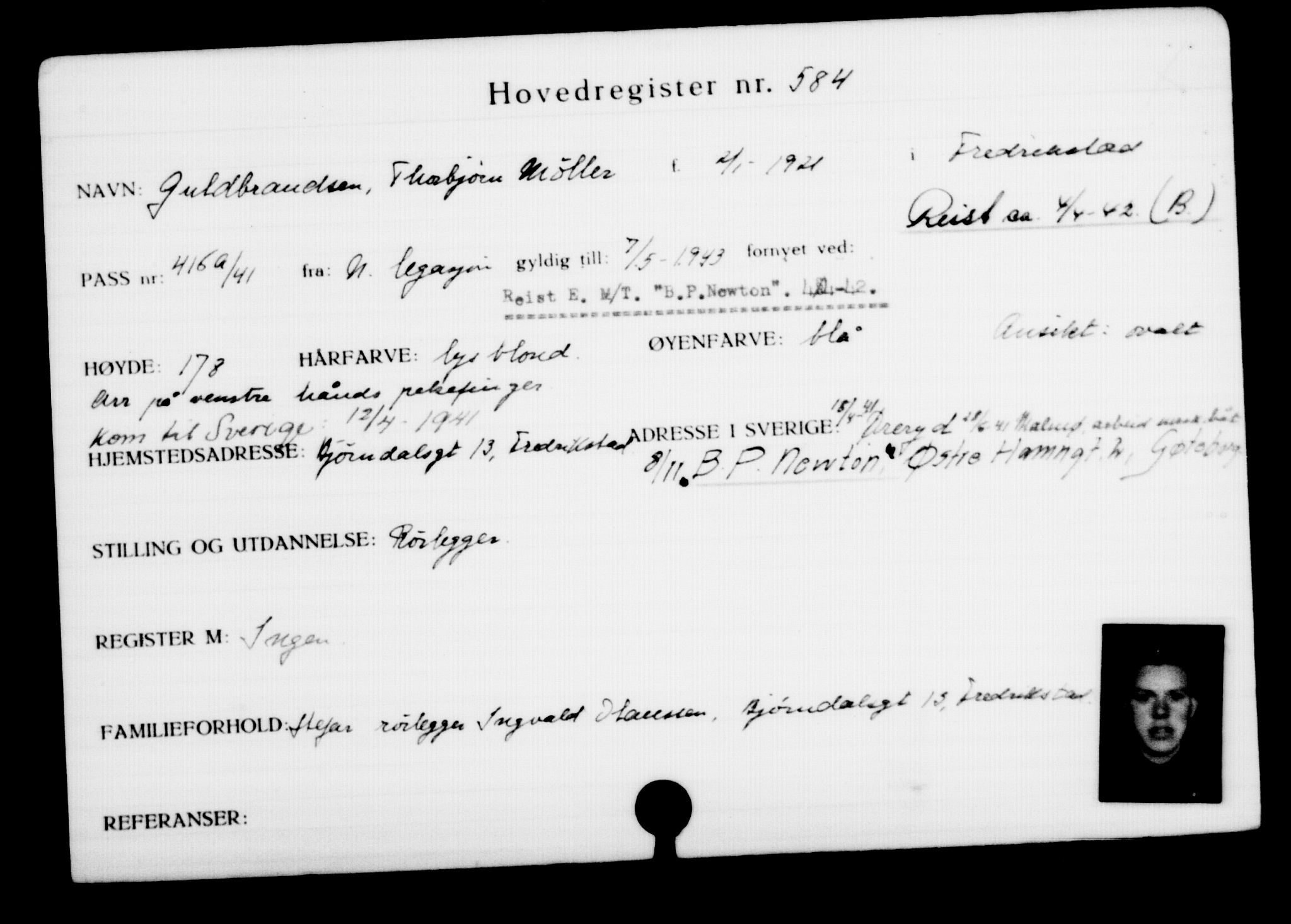 Utenriksstasjonene, Legasjonen i Stockholm, Flyktningkontoret, AV/RA-S-6753/V/Va/L0001: Kjesäterkartoteket, flyktninger med registreringsnr. 1-1000, 1940-1945, p. 910