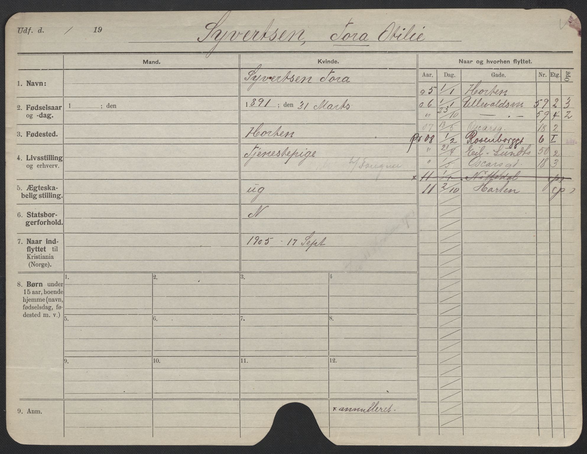 Oslo folkeregister, Registerkort, SAO/A-11715/F/Fa/Fac/L0024: Kvinner, 1906-1914, p. 801a