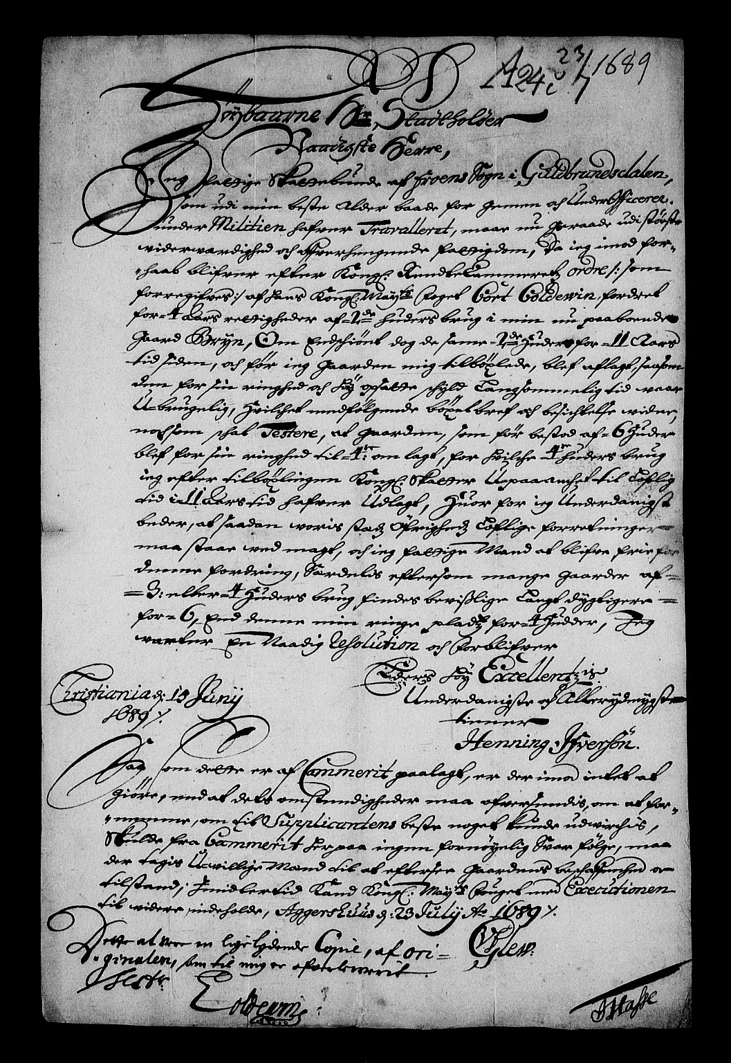 Stattholderembetet 1572-1771, RA/EA-2870/Af/L0003: Avskrifter av vedlegg til originale supplikker, nummerert i samsvar med supplikkbøkene, 1689-1691, p. 105