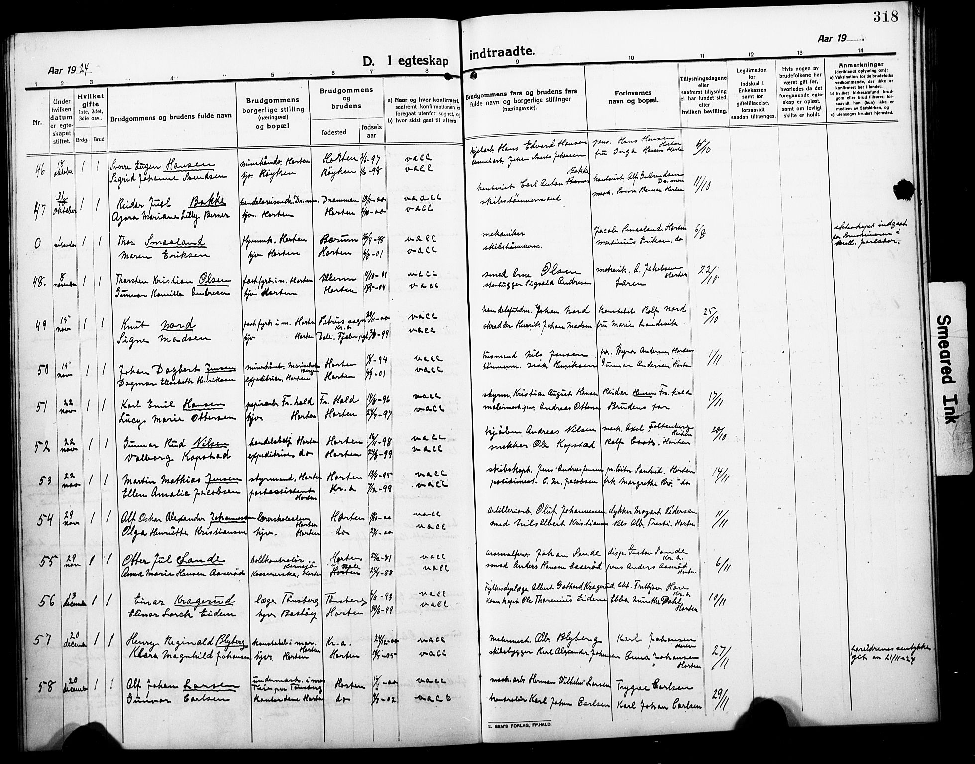 Horten kirkebøker, AV/SAKO-A-348/G/Ga/L0008: Parish register (copy) no. 8, 1916-1926, p. 318